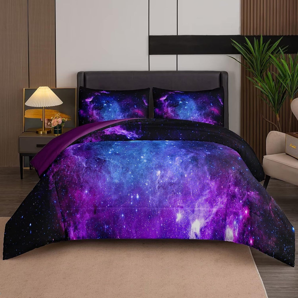 Fluffy Down Alternative Galaxy Comforter Set Outer Space Purple Starry Sky Night Pattern Bedding Set for Girls Boys Kids Teens Twin Size with... - Hypoallergenic Ultra-Fluffy Quilt for Winter - Default Title