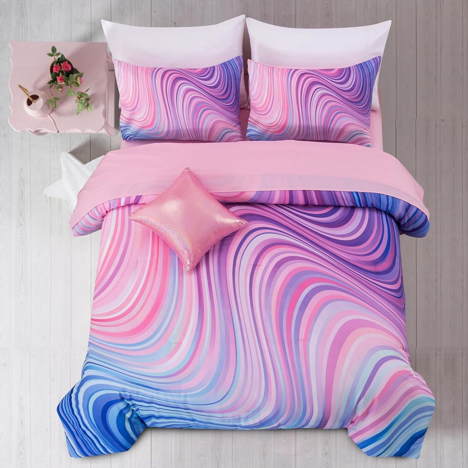 Fluffy Down Alternative 6 Pieces Gradient Star Ring Comforter Set, Colorful Glitter Rainbow Wave Stripes Pattern Bedding Set for Boys Girls T... - Hypoallergenic Ultra-Fluffy Quilt for Winter - Default Title