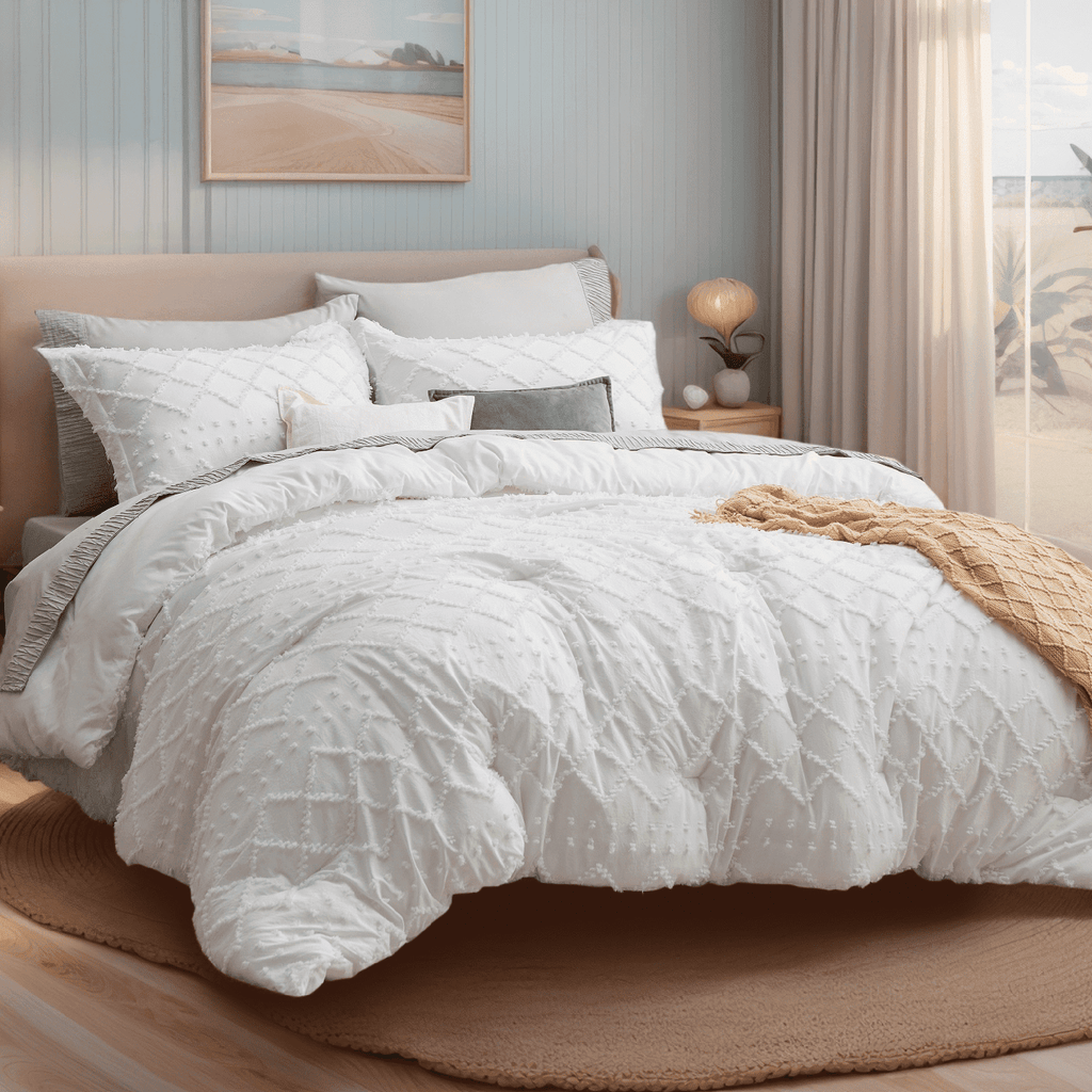 Hypoallergenic Cloud Queen Comforter Set, Boho Tufted Shabby Chic Bedding Comforter Set, 3 Pieces Farmhouse Bed Set for All Seasons, White... - Luxurious Quilted Duvet Cover Set - Default Title