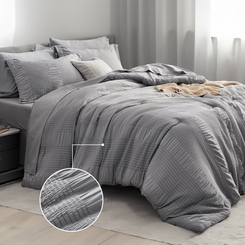 Luxurious Quilted Twin Comforter Sets 5 Pieces Stripes Seersucker Bedding Set, Bed in a Bag with Soft Comforter & Sheets, Pillowcase & ... - Cloud-Like Soft Lightweight Bed Comforter - Default Title