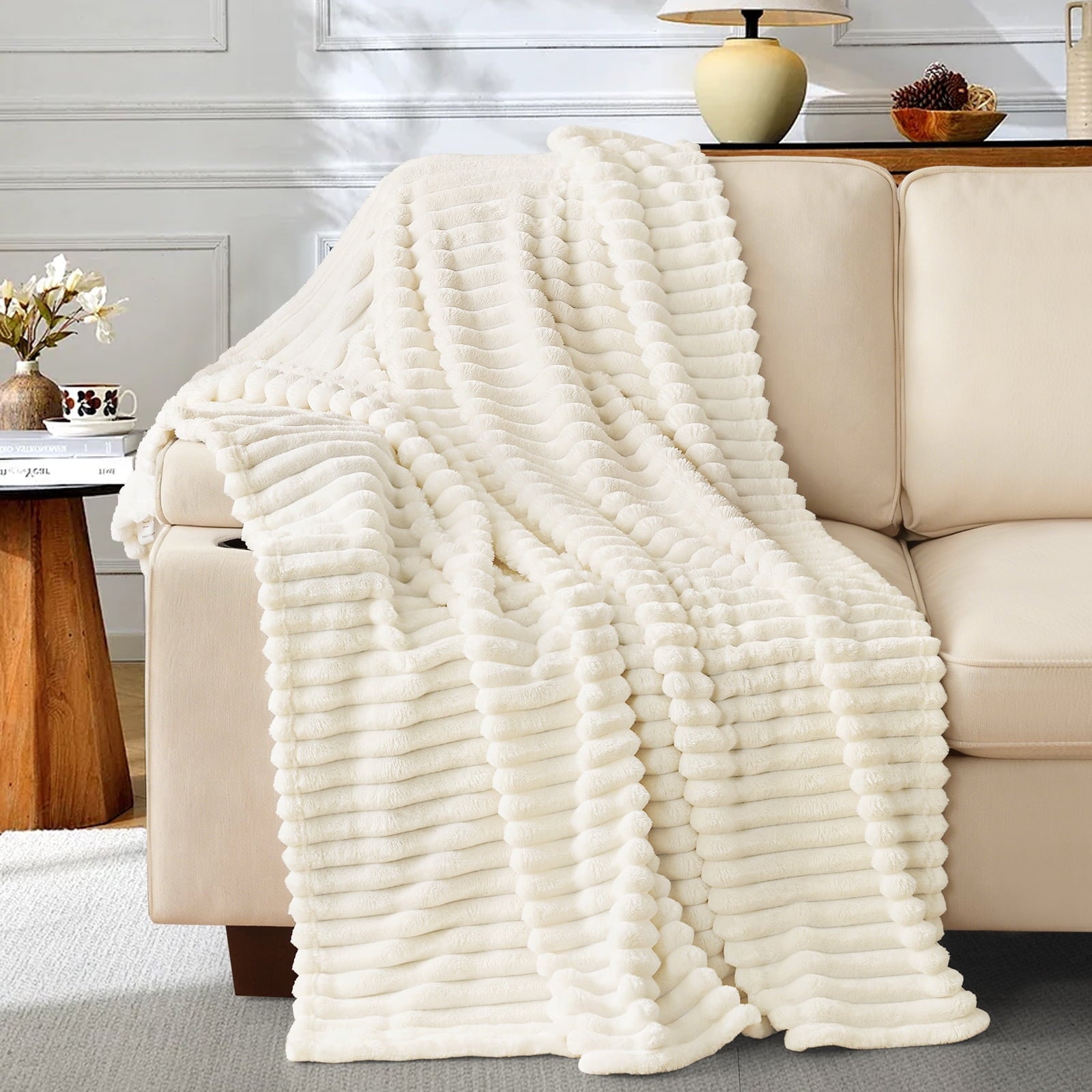 Decorative Knitted White Fleece Throw Blanket for Couch, Super Soft Cozy Blankets and Throws, Decorative Fleece Blankets for Women Men G... - Cozy Fleece Throw Blanket for Couch & Bed - Default Title