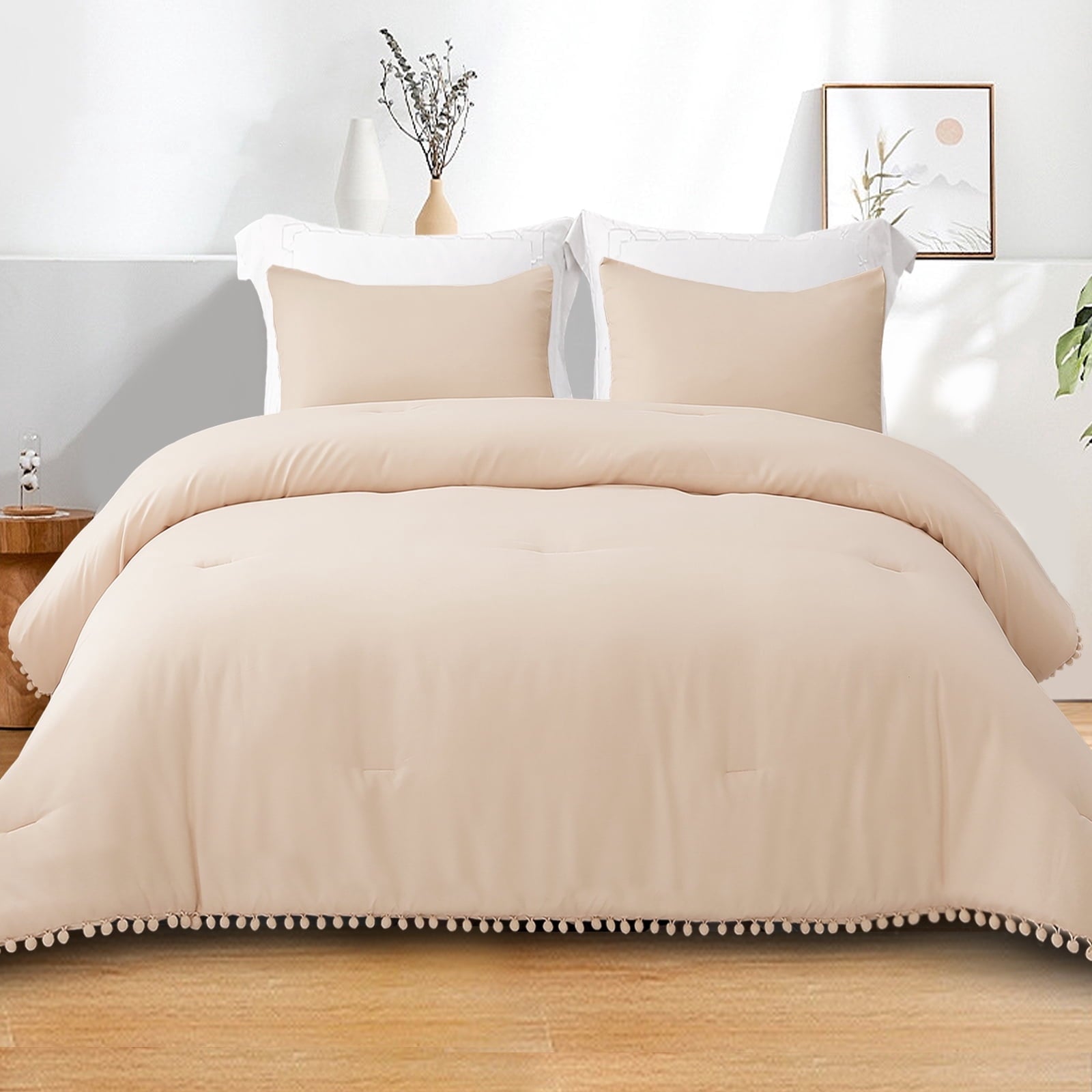 Luxurious Quilted Boho Pom Pom Ball Fringe King Size Comforter Set, 3 Pieces Beige Lightweight Down Alternative Bedding Comforter Sets ... - Luxurious Quilted Duvet Cover Set - Default Title