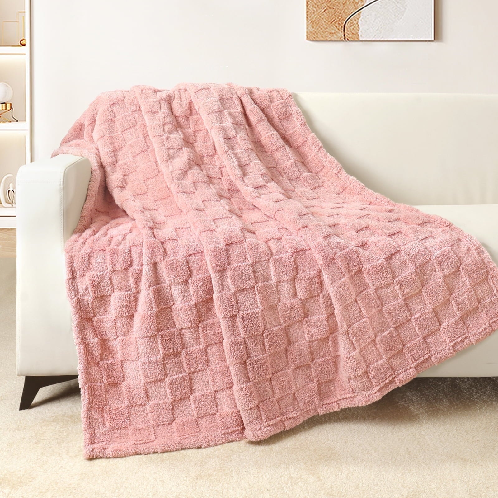 Decorative Knitted Fleece Throw Blanket for Couch, Super Soft Warm Lightweight Checkered Pattern Blanket for All Seasons, Pink, 50"x60" - Super Soft Reversible Sherpa Flannel Blanket - Default Title