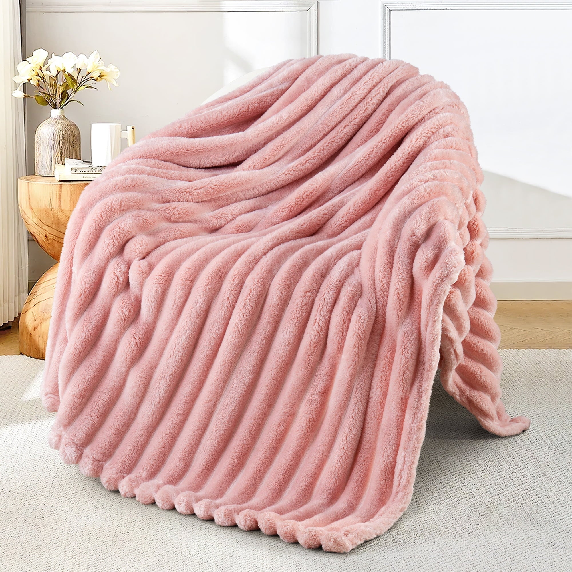 Reversible Sherpa Fleece Throw Blanket for Couch, Super Soft 3D Striped Jacquard Blanket, Lightweight Fuzzy Cozy Blankets, Pink, 50"x60" - Super Soft Reversible Sherpa Flannel Blanket - Default Title
