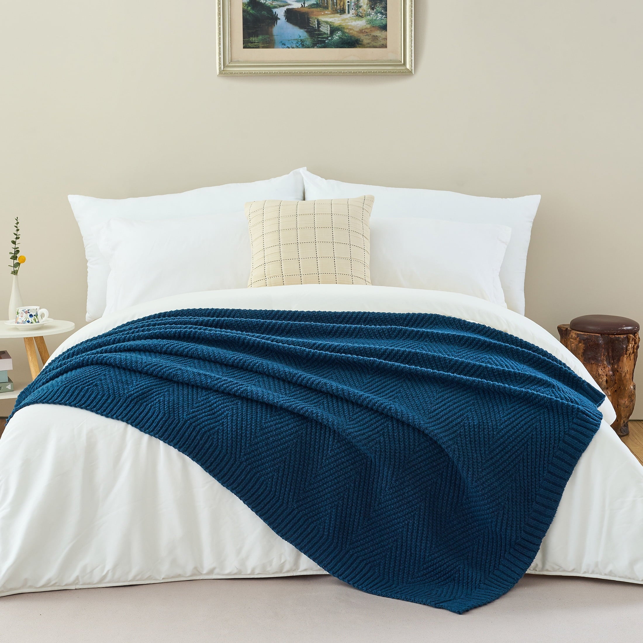Reversible Sherpa Soft Knitted Throw Blanket 50" x 60" Navy Blue, Boho Chevron Farmhouse Throw for Bed Couch - Lightweight Plush Warm Blanket for All Seasons - Default Title