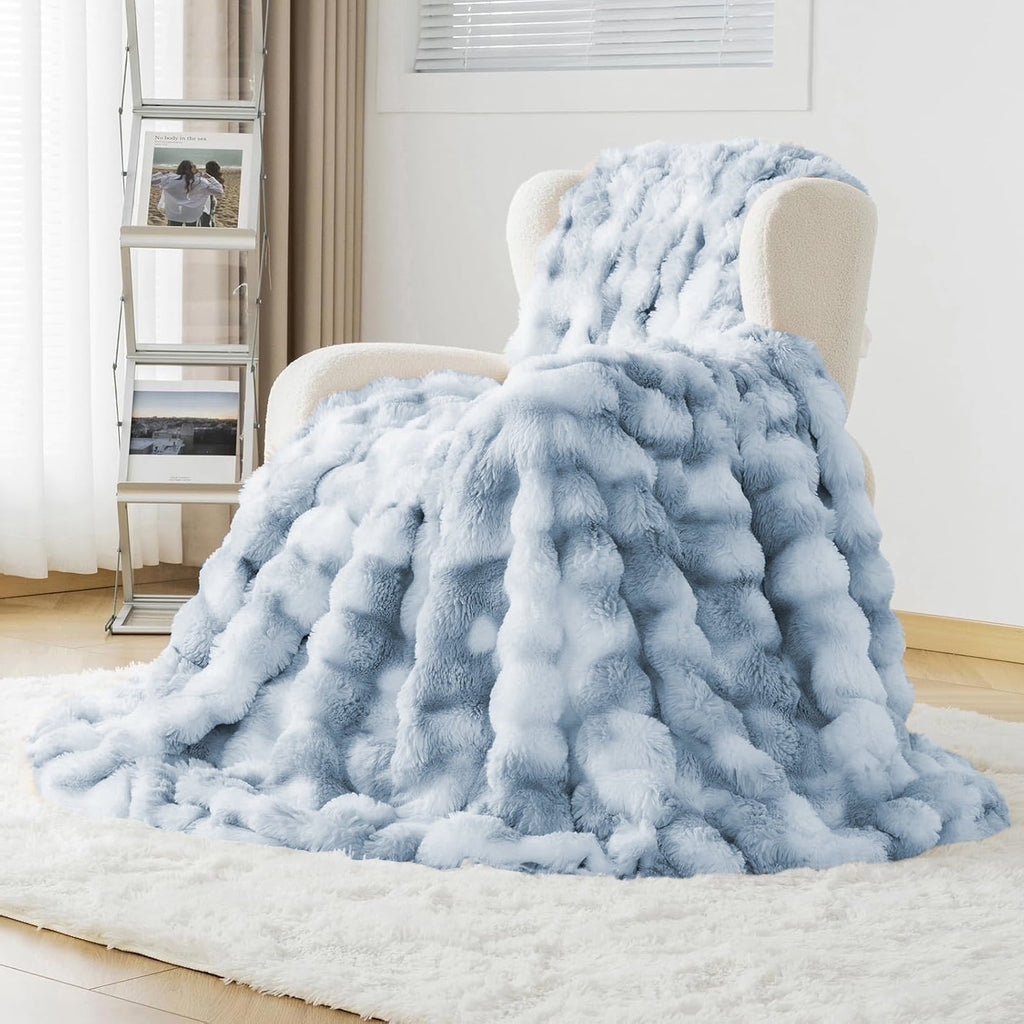 Cozy Fleece Faux Fur Blanket Fluffy Luxury Throw Blanket Plush Fuzzy Blanket for Couch Bed 50×60 Inches Tie-dyed Blue - Luxury Knitted Decorative Throw Blanket with Fringes - Default Title