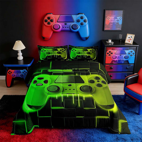 All-Season Green Yellow Gaming Full Size Comforter Sets - Gamer Comforter Full Size Bedding Set, Neon Lights Abstract Geometry D... - All-Season Down Alternative Comforter Insert - Default Title