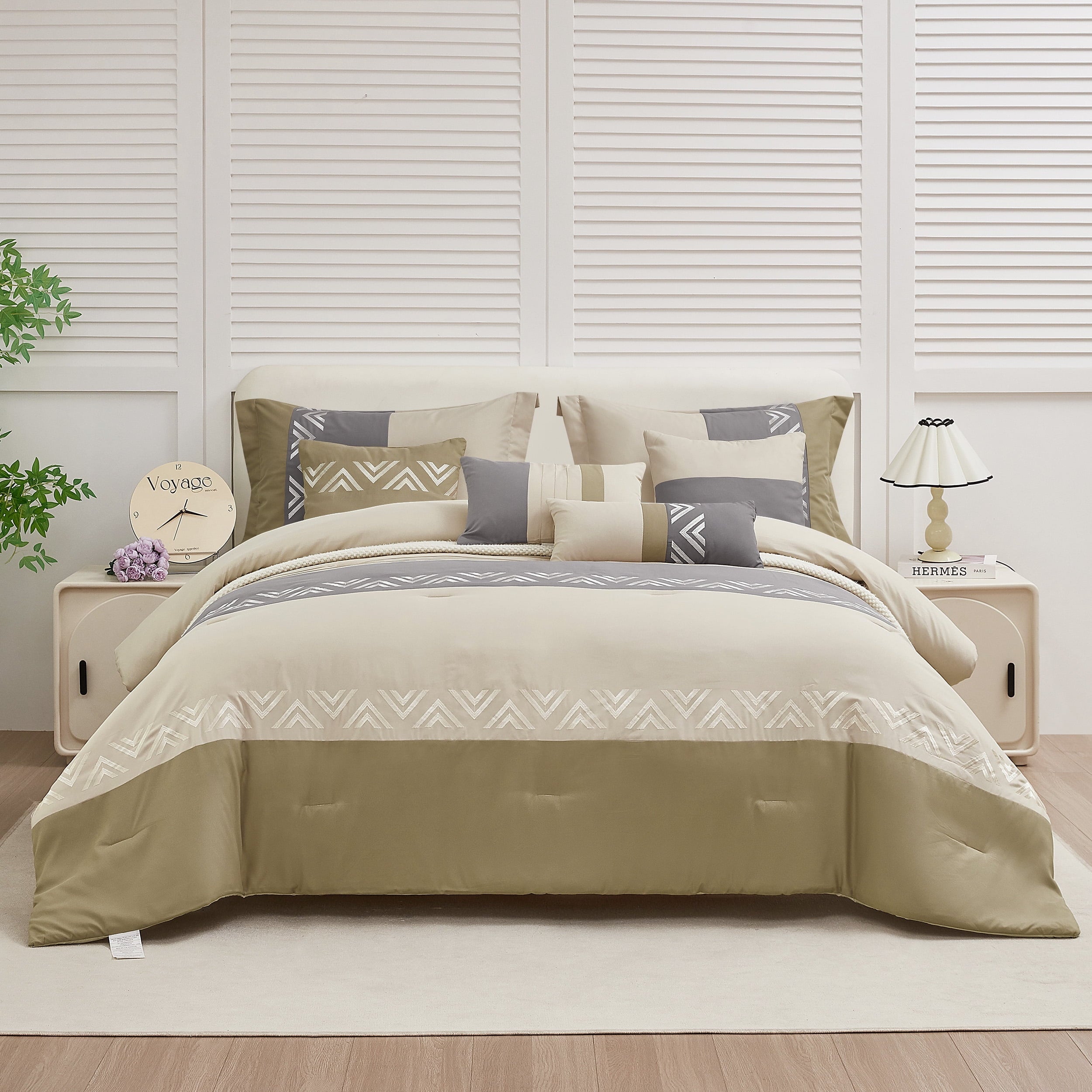 Fluffy Down Alternative 7 Piece Embroidery Design Bed-in-a-Bag, Taupe Queen Size Ultra Soft Comforter Set for Adults - Cloud-Like Soft Lightweight Bed Comforter - Default Title