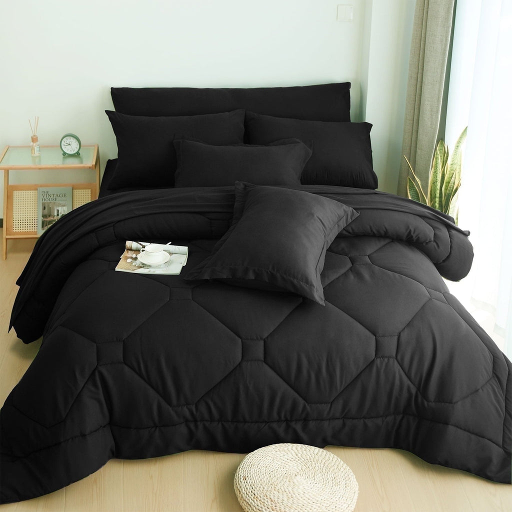 Fluffy Down Alternative 8 PCS Modern Comforter Set with Sheets All Season Bed in a Bag, Black, Queen Size - All-Season Down Alternative Comforter Insert - Default Title