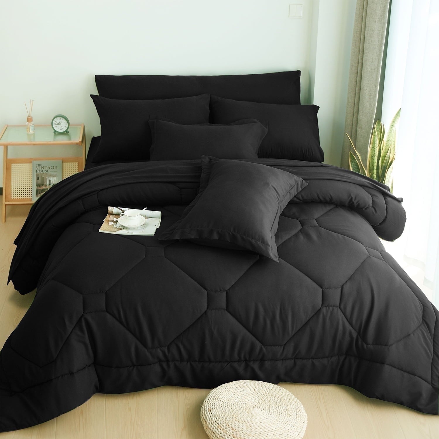 Fluffy Down Alternative 8 PCS Modern Comforter Set with Sheets All Season Bed in a Bag, Black, Queen Size - All-Season Down Alternative Comforter Insert - Default Title