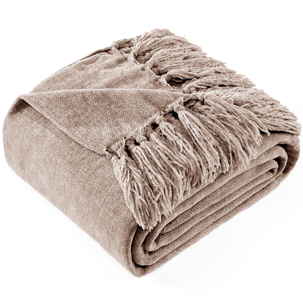 Decorative Knitted Chenille Throw Blanket with Fringe Tassel for Couch Sofa Chair Bed, Taupe 50" X 60" - Super Soft Reversible Sherpa Flannel Blanket - Default Title