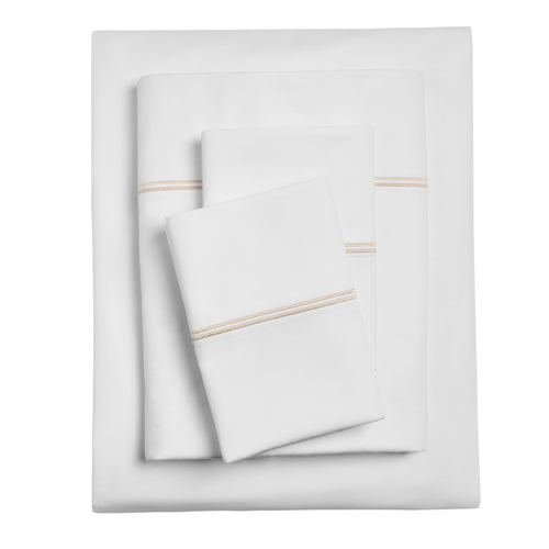 Cooling Sateen 4-Piece 300 Thread Count White Pima Cotton Bed Sheet Set with Tan Hem, Full , Adult/Teen - Cooling Hotel Quality Bedding Sheets and Pillowcases - Default Title