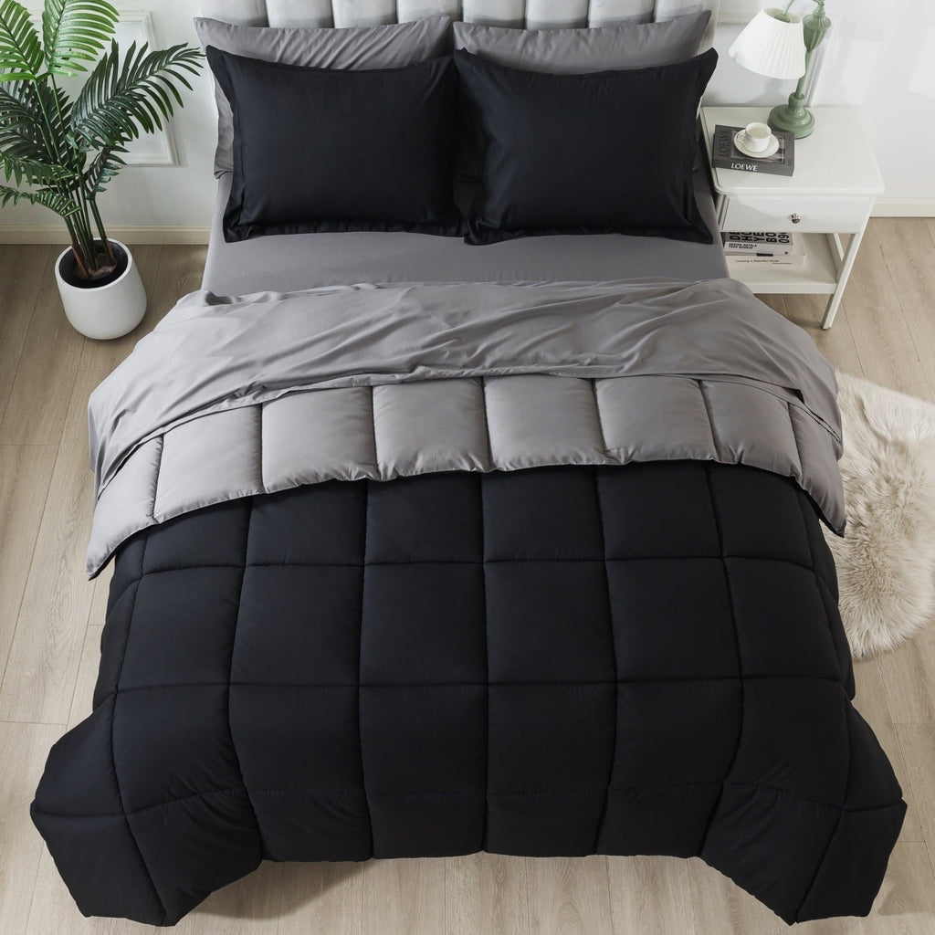 Heavyweight Warmth Queen Size 7 Piece Comforter Set | Bed in a Bag for Unisex Adult | Black/Gray - Luxurious Quilted Duvet Cover Set - Default Title