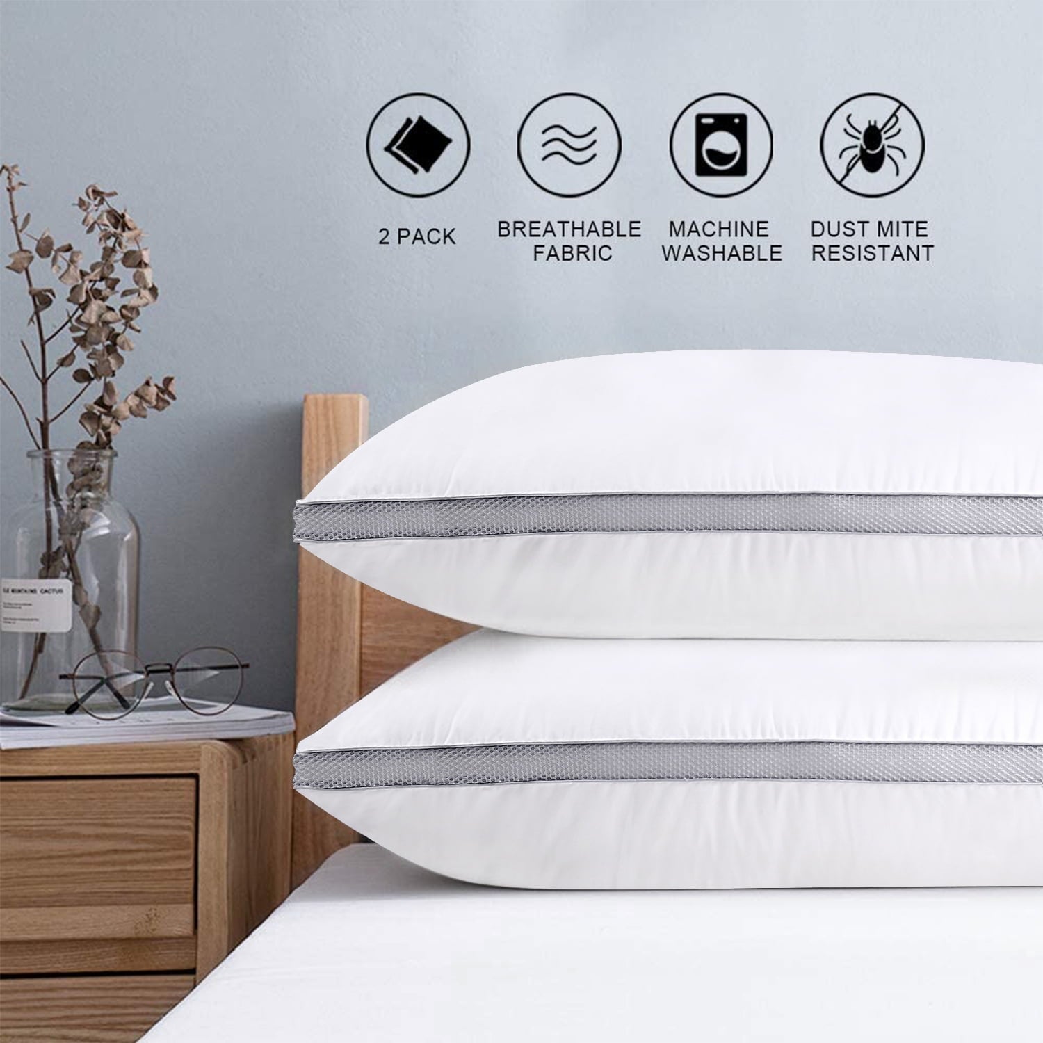 Decorative Plump Down Alternative Bed Pillow with Cotton Cover and Gusset, 2 Pack, Queen, 20"x26" - Ergonomic Memory Foam Pillow for Neck Pain Support - Default Title