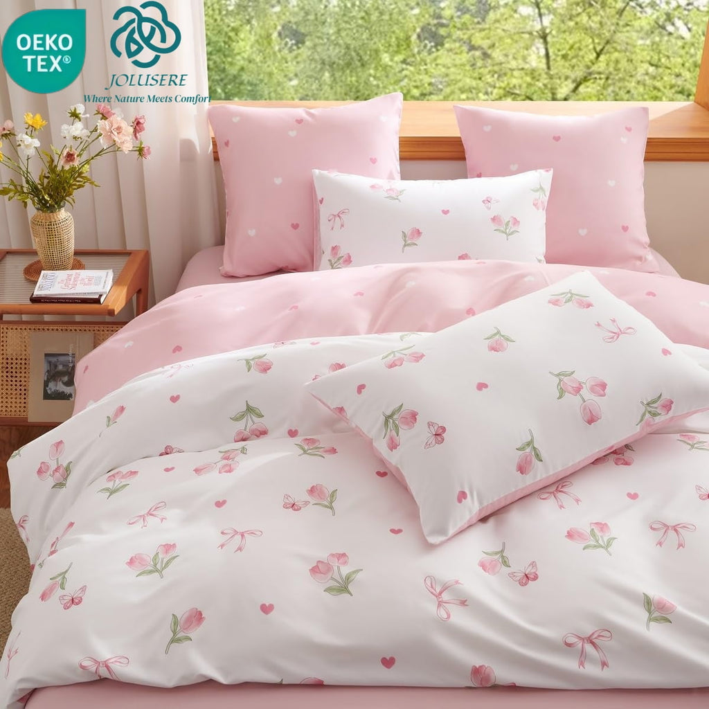 Fluffy Down Alternative Pink Tulip Queen Comforter Set, 3-Piece Pink Flowers Reversible Soft Bedding Set or Adults All Season - Luxurious Quilted Duvet Cover Set - Default Title