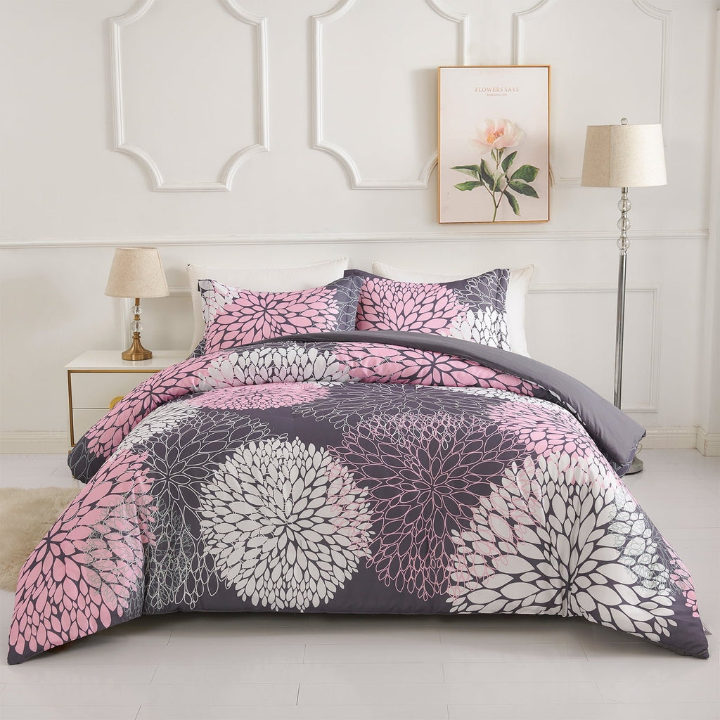 Fluffy Down Alternative 2 Pieces Pink Floral Comforter Set Twin Size, Botanical Bedding Sets with Cute Flowers Printing for Teen Girls - Luxurious Quilted Duvet Cover Set - Default Title