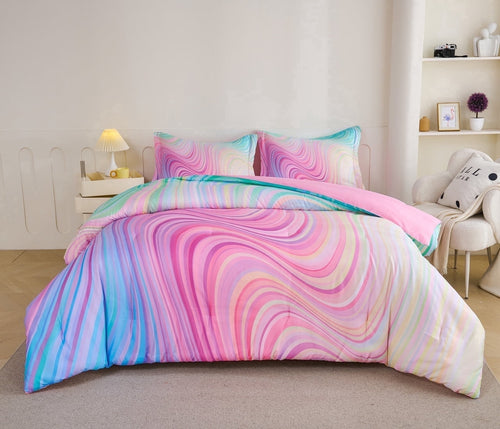 All-Season 3-Piece Abstract Tie Dye Comforter Set, Blue Pink Purple, Kids Bedding Set for Girls Full/Queen Size - All-Season Down Alternative Comforter Insert - Default Title