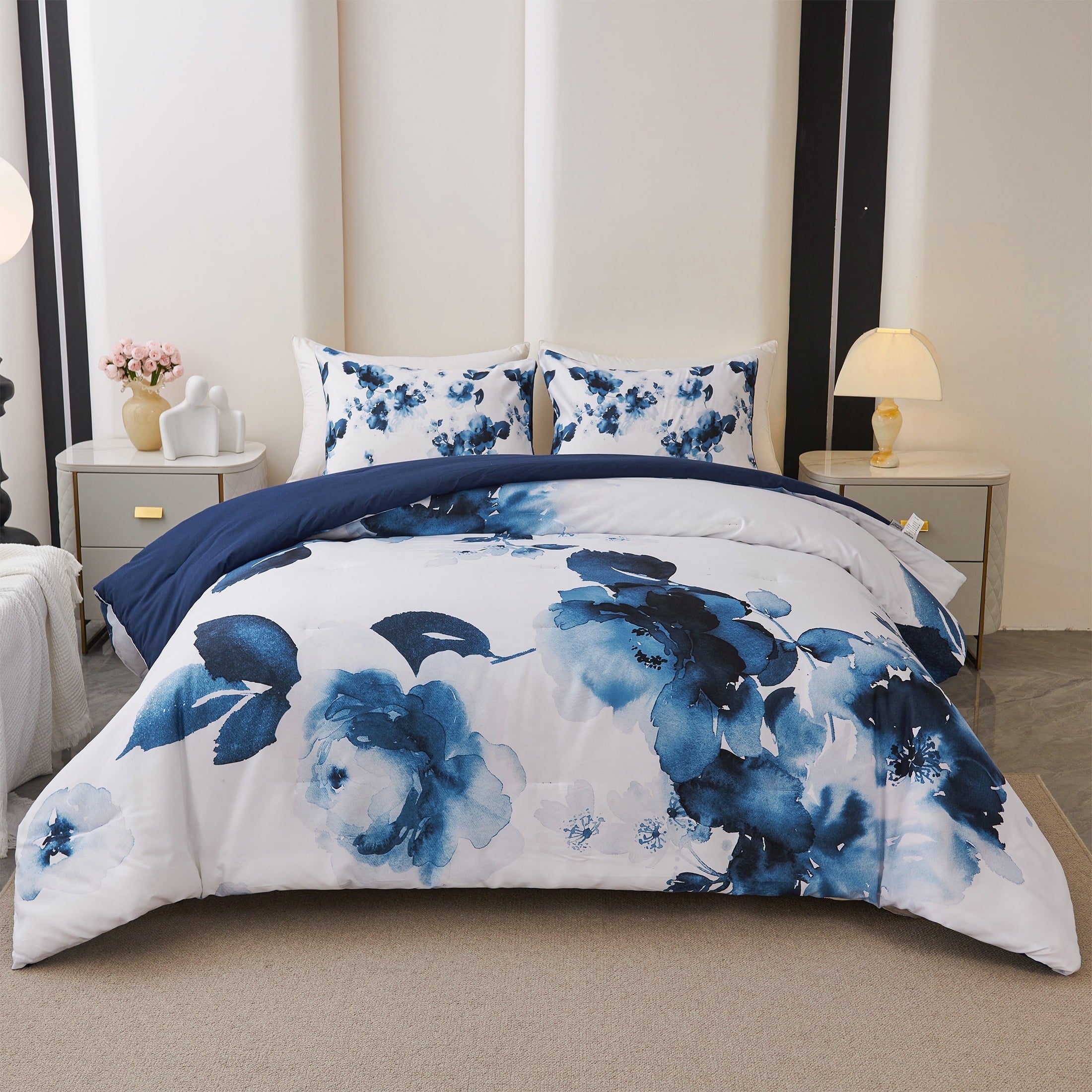 Hypoallergenic Cloud 3 Pieces Blue and White Floral Comforter Set King Size, Flower Bedding with Watercolor Flowers Pattern for Women, Rev... - Luxurious Quilted Duvet Cover Set - Default Title