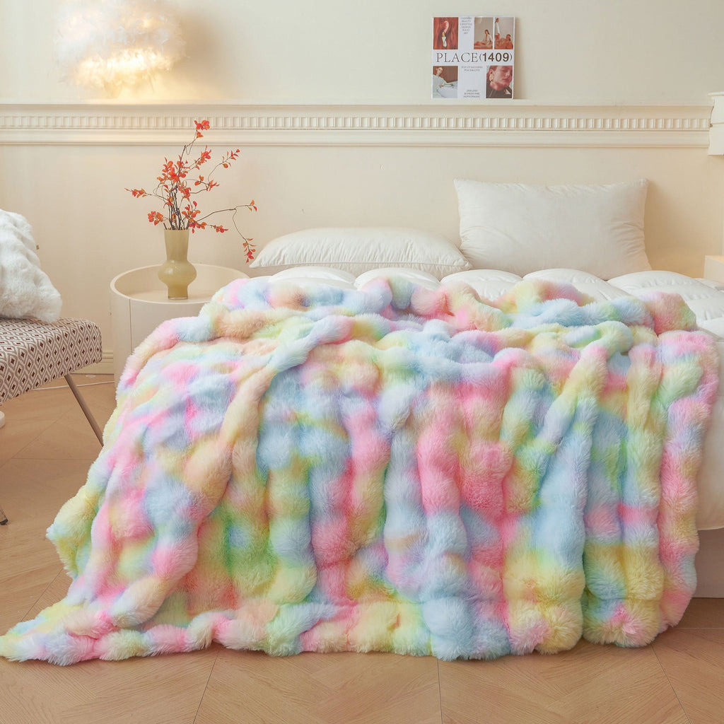 Reversible Sherpa Fluffy Faux Rabbit Fur Bubble Throw, Rainbow Plush Shaggy Blanket for Couch Sofa Chair, Soft Tie Dye Furry Blanket Ad... - Cozy Fleece Throw Blanket for Couch & Bed - Default Title