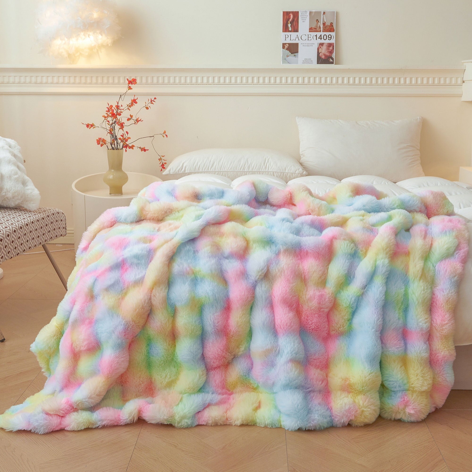 Reversible Sherpa Fluffy Faux Rabbit Fur Bubble Throw, Rainbow Plush Shaggy Blanket for Couch Sofa Chair, Soft Tie Dye Furry Blanket Ad... - Cozy Fleece Throw Blanket for Couch & Bed - Default Title