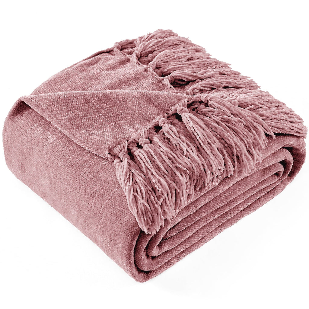 Super Soft Flannel Chenille Throw Blanket with Fringe Tassel for Couch Sofa Chair Bed, Mauve 50" X 70" - Cozy Fleece Throw Blanket for Couch & Bed - Default Title