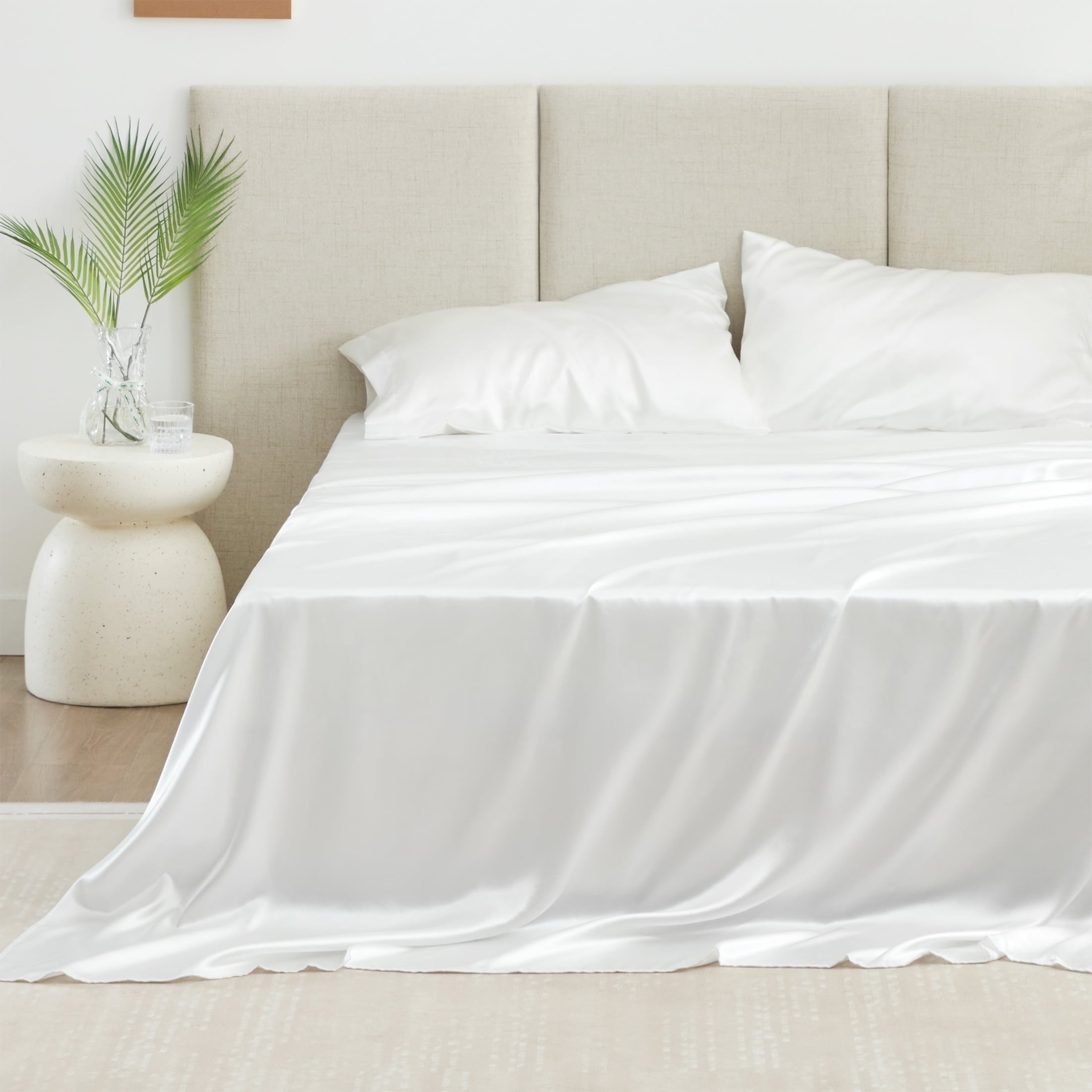 Cooling Sateen Satin Sheets Full Sheet Set Deep Pocket Luxury Silky Bed Sheets for Hair and Skin 4 Pieces, White - Breathable Egyptian Cotton Flat & Fitted Sheets - Default Title