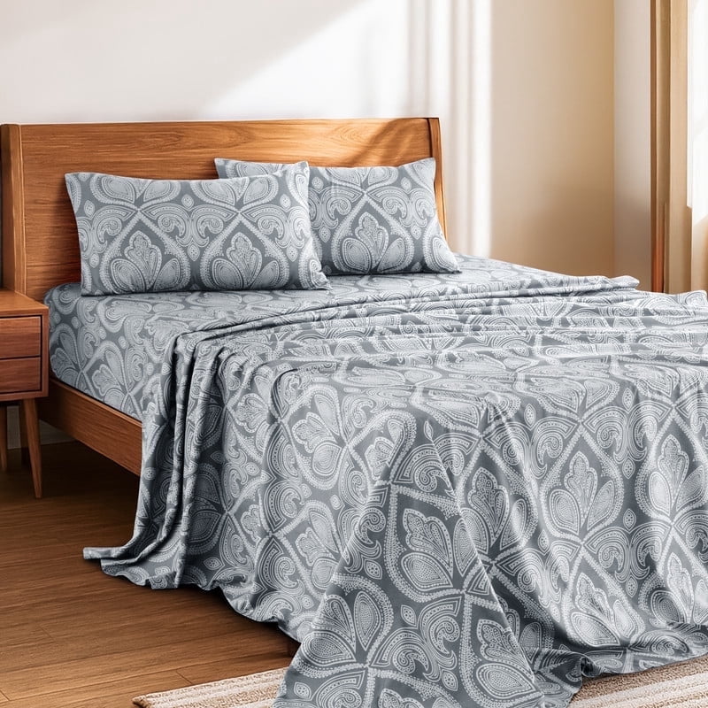 Ultra-Soft Lux Decor 4 Piece Queen Sheet Set, Brushed Microfiber Paisley Printed Bed Sheet Set with up to 16" Deep Pocket Fitted... - Cooling Hotel Quality Bedding Sheets and Pillowcases - Default Title