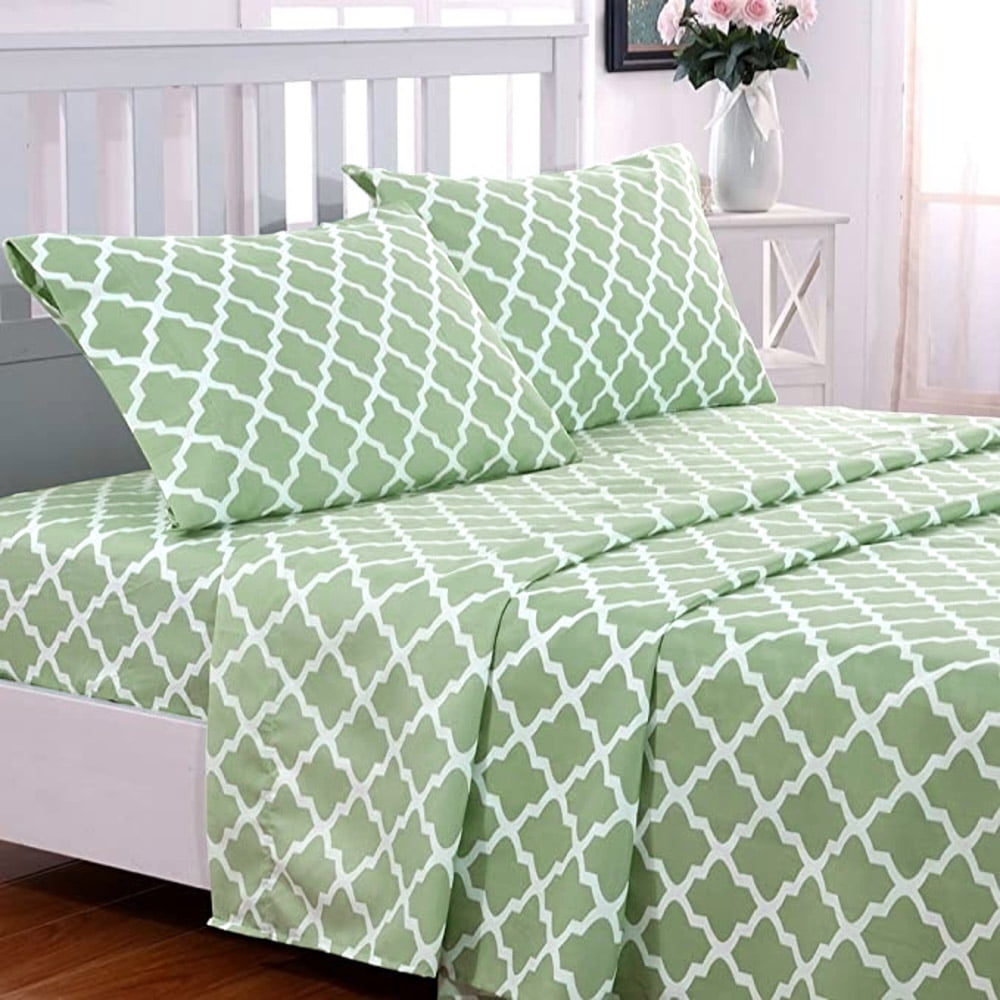 Wrinkle-Resistant Quatrefoil Bed Sheet Set (King, Sage/White) 4 Piece Deep Pocket 1800 Series Microfiber Bed Sheet Set Contains 1 Fitte... - Premium Ultra-Soft Pillowcase Pair for Sleeping - Default Title