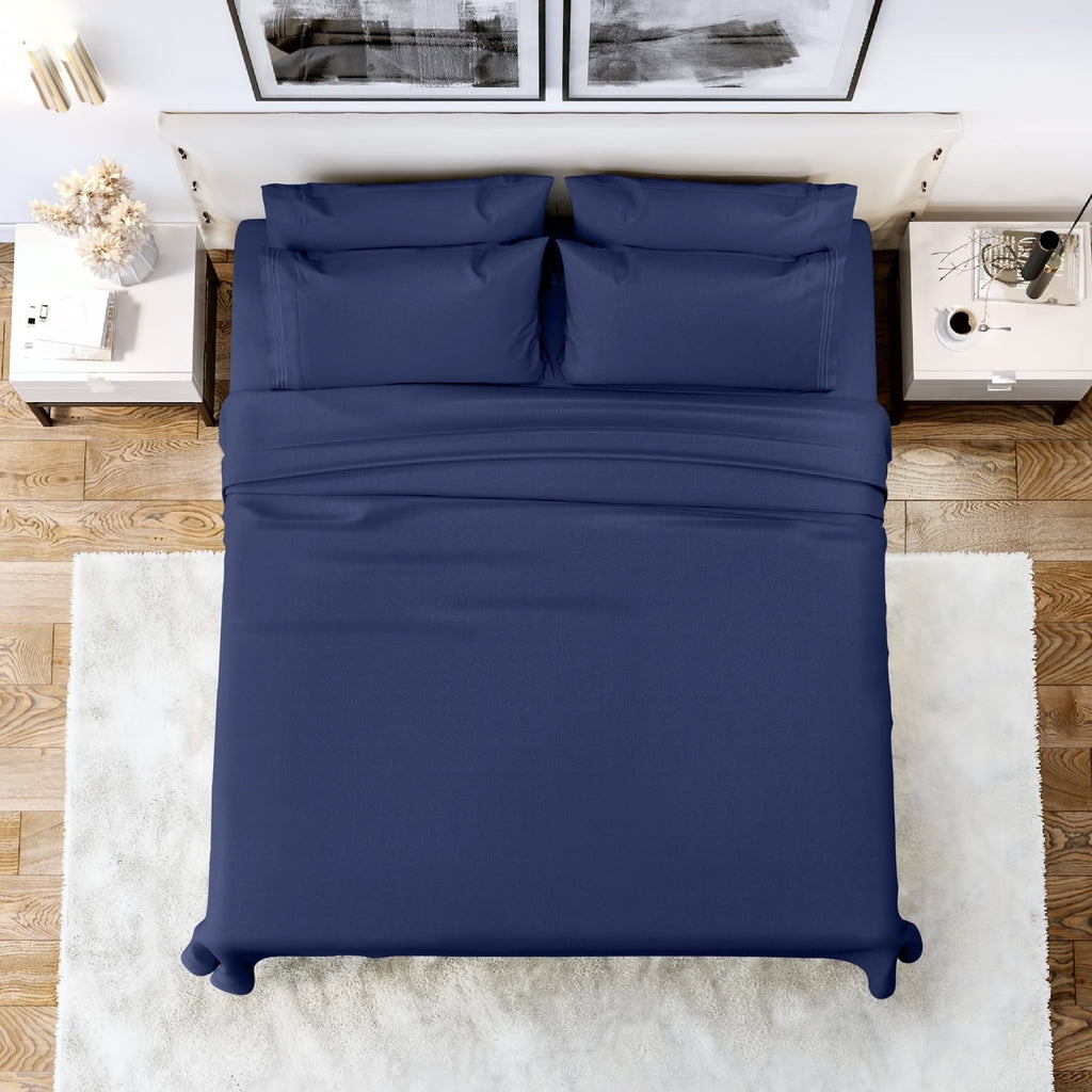 Cooling Sateen Queen Bed Sheets Set, 6 Pc Microfiber Bed Sheets, Extra Deep Pocket Queen Fitted Sheet, Flat Sheet & Pillowcases, Nav... - Luxury Bed Sheet Set with Deep Pockets - Default Title