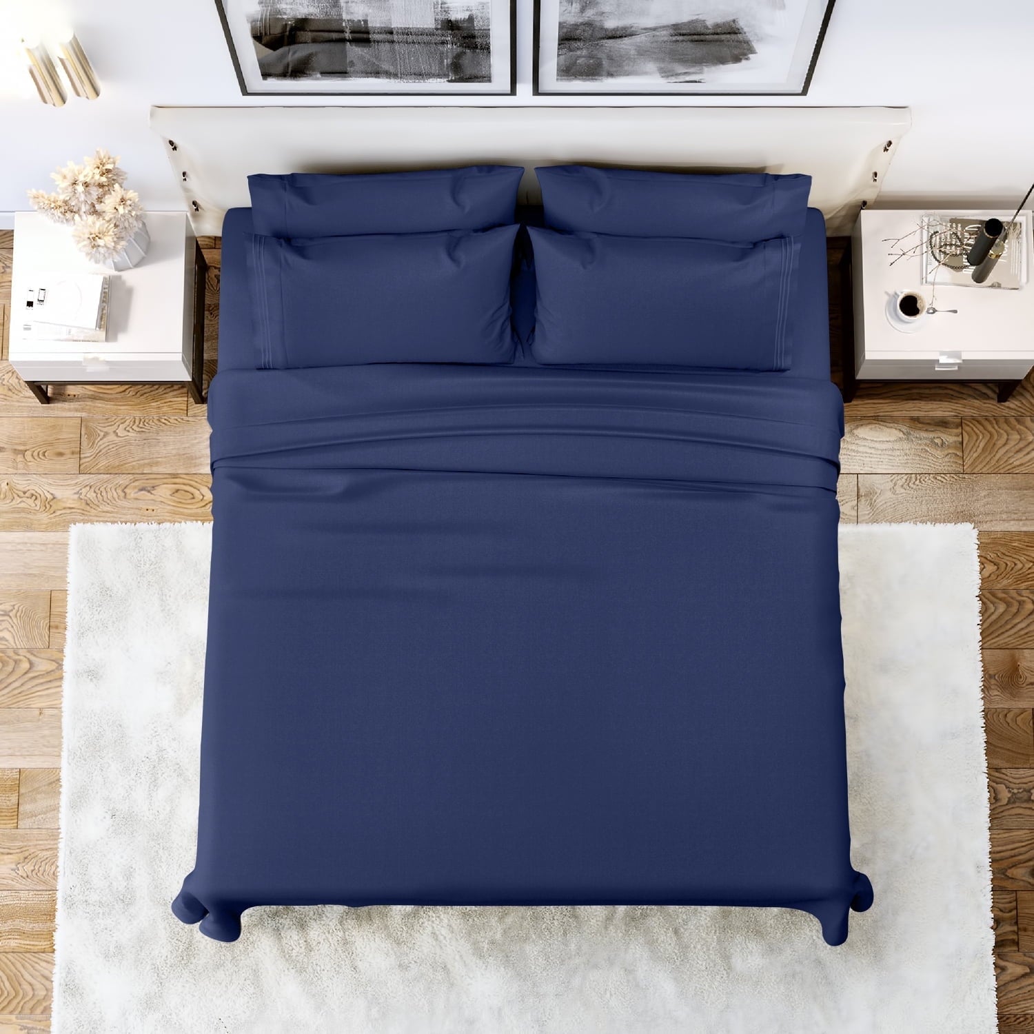 Cooling Sateen Queen Bed Sheets Set, 6 Pc Microfiber Bed Sheets, Extra Deep Pocket Queen Fitted Sheet, Flat Sheet & Pillowcases, Nav... - Luxury Bed Sheet Set with Deep Pockets - Default Title