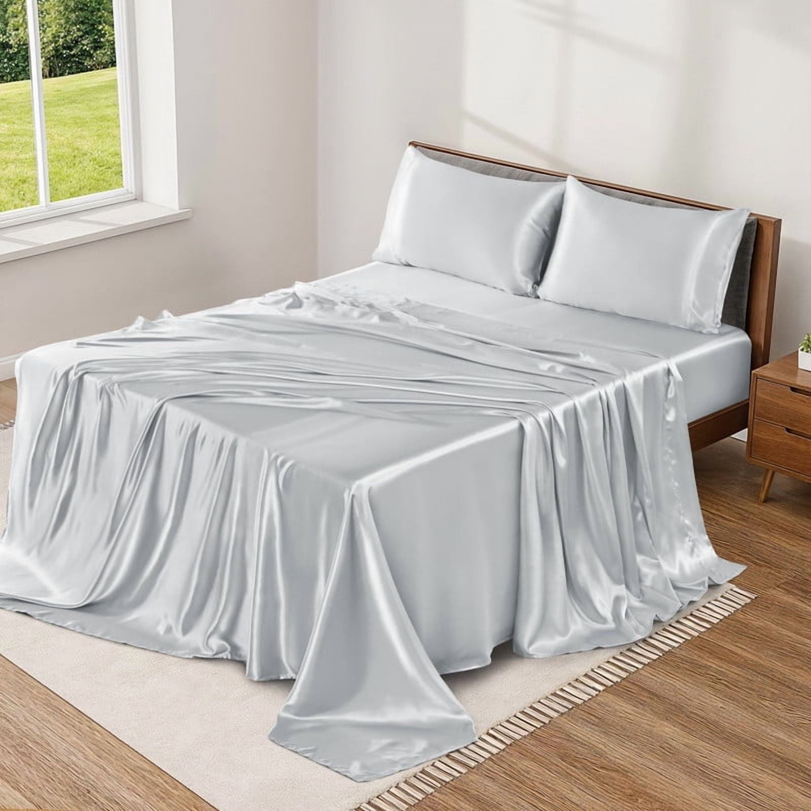 Wrinkle-Resistant Lux Decor Luxury Satin Sheets King Size - 4 Piece Cooling Bed Sheet Set, Silky Soft & Smooth, Deep Pockets up to 15",... - Breathable Egyptian Cotton Flat & Fitted Sheets - Default Title