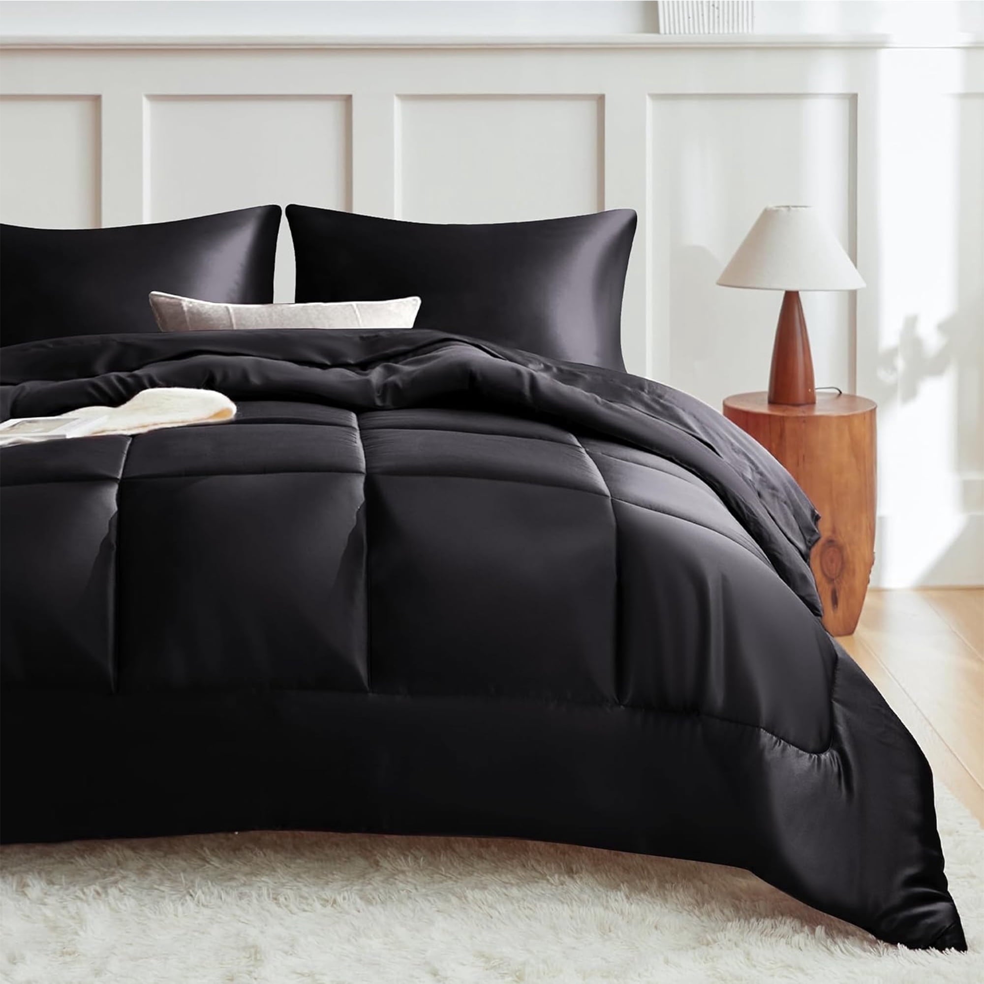 Luxurious Quilted Reversible Satin Microfiber Comforter 3 Pieces Queen Size, Black Queen Comforter Set for All Seasons, Silky Soft Sati... - Hypoallergenic Ultra-Fluffy Quilt for Winter - Default Title