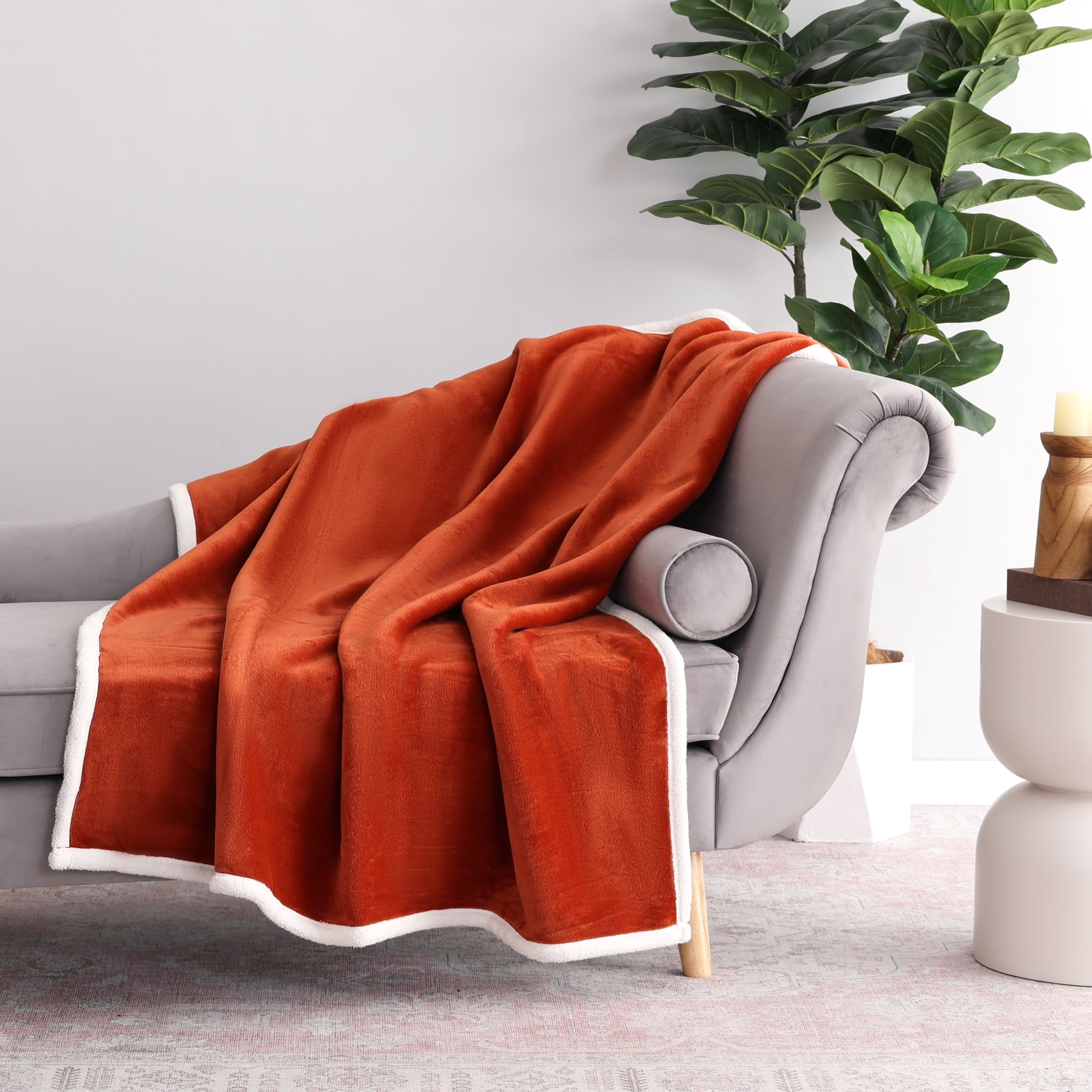 Lightweight Warm Reversible Printed Velvet Plush and Hampshire Faux Shearling Soft Throw Blanket, Standard Size, Auburn Sun - Super Soft Reversible Sherpa Flannel Blanket - Default Title