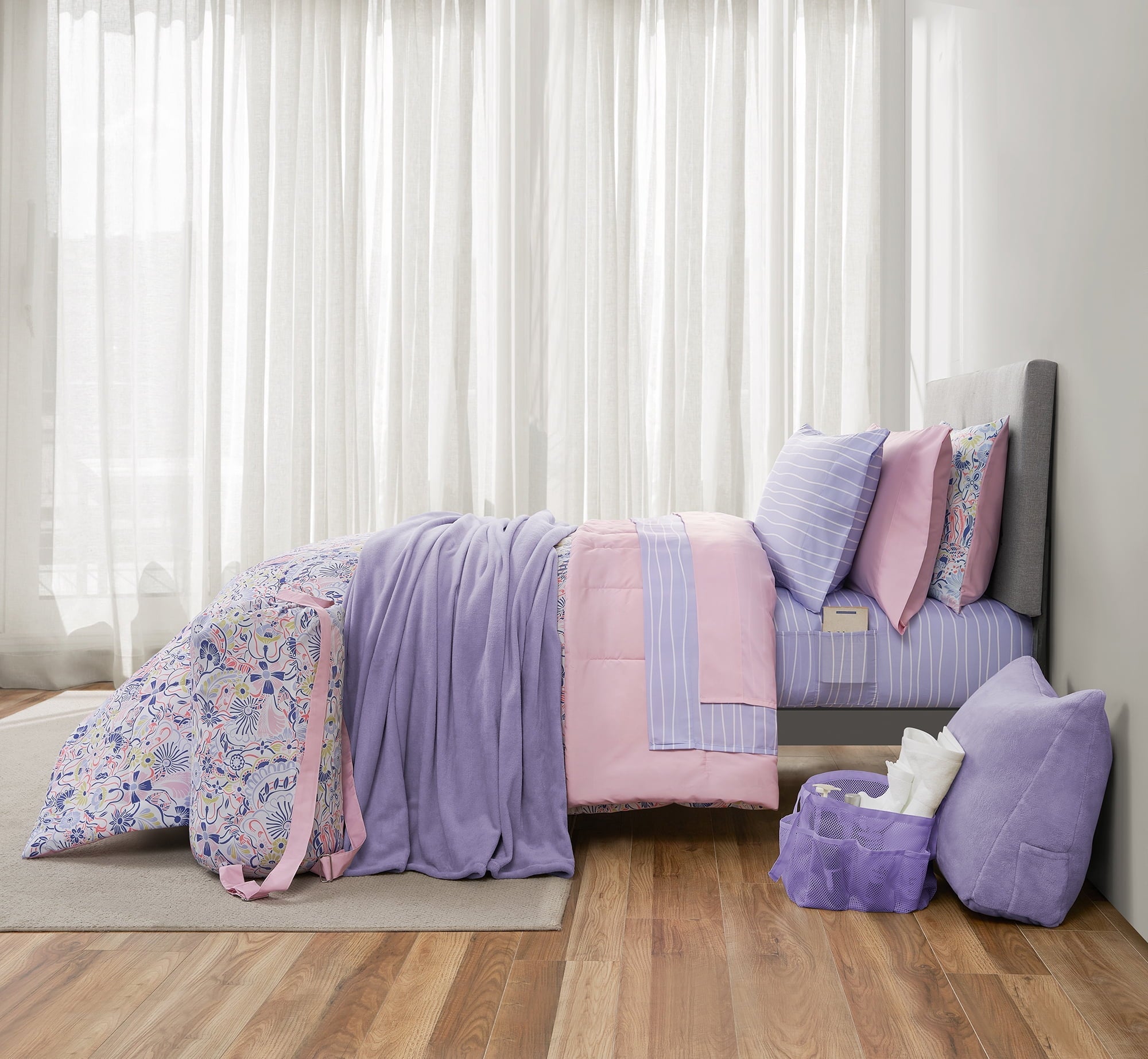 All-Season 14pc College Dorm Essentials Bundle, Twin-XL, Reversible Bed in a Bag Comforter Set, Purple Floral - Luxurious Quilted Duvet Cover Set - Default Title
