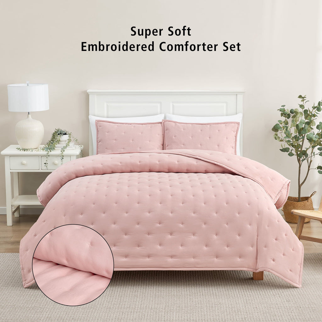 Fluffy Down Alternative Full/Queen Comforter Set, Super Soft & Embroidered, 3-Piece, Pink - Luxurious Quilted Duvet Cover Set - Default Title