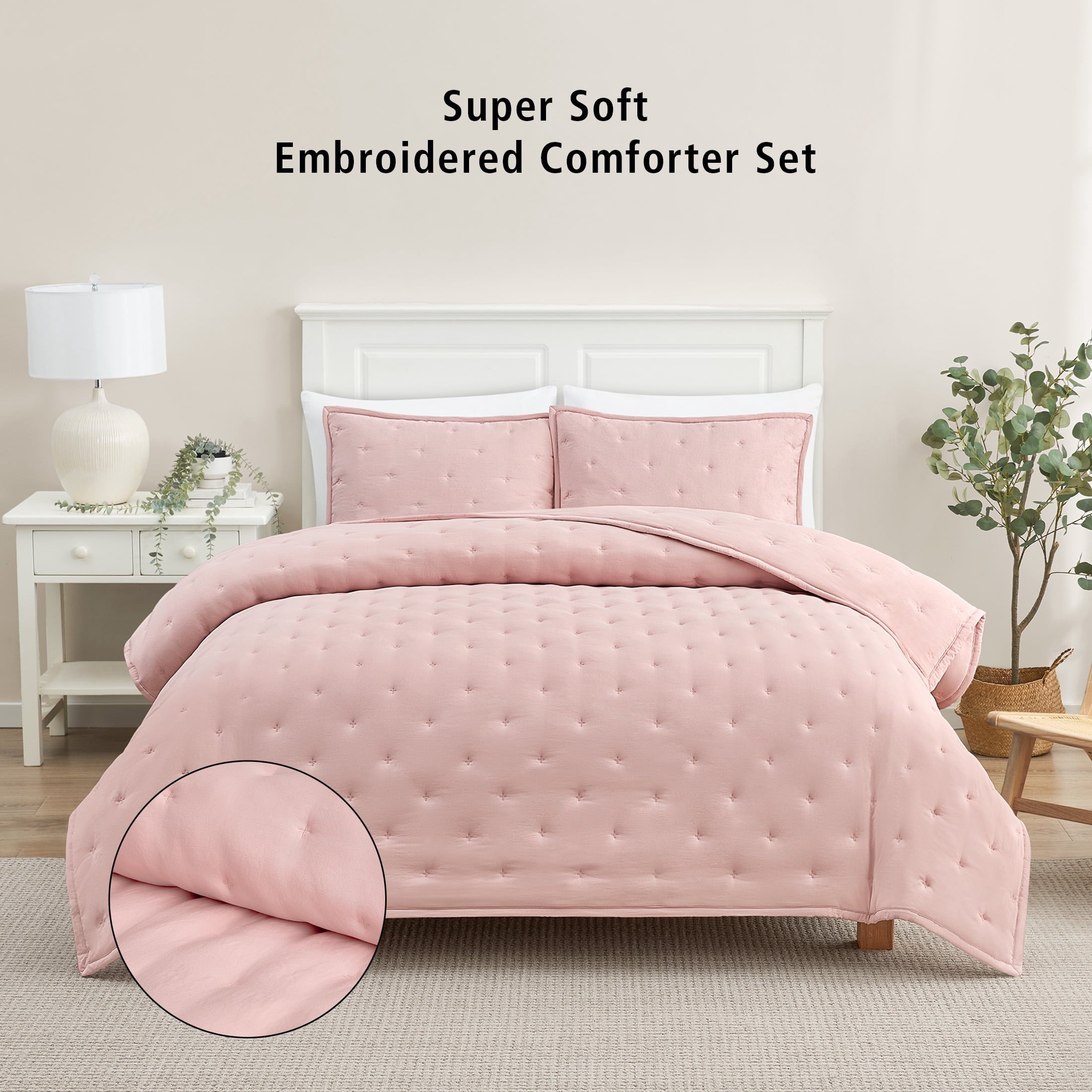 Fluffy Down Alternative Full/Queen Comforter Set, Super Soft & Embroidered, 3-Piece, Pink - Luxurious Quilted Duvet Cover Set - Default Title