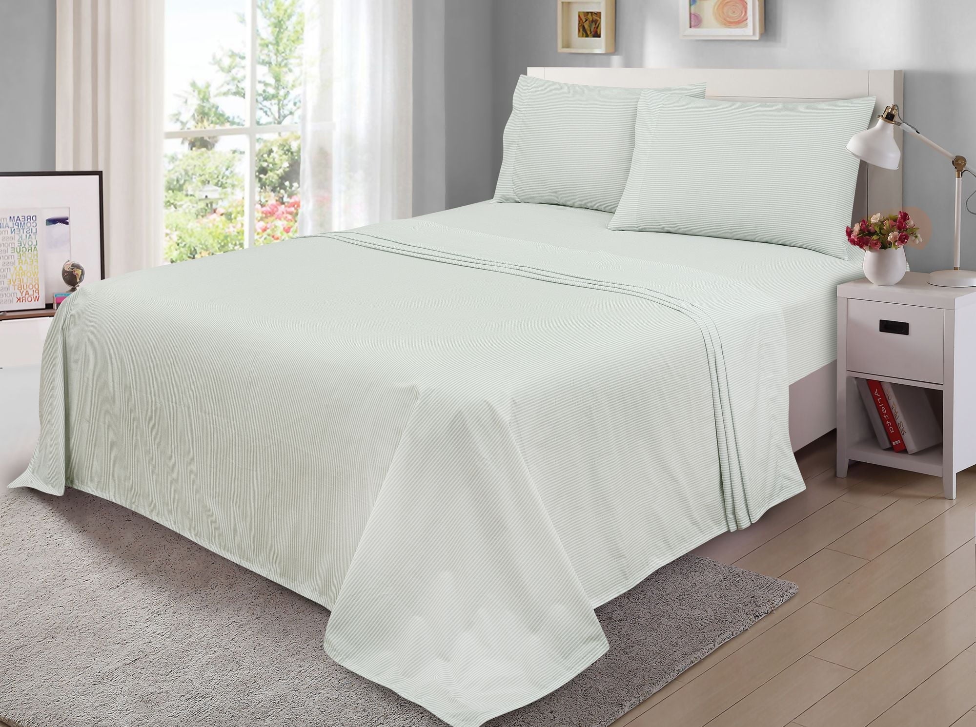 Ultra-Soft Easy Care 300 Thread Count Cotton Rich Percale Sheet Set, King, Grey Stripes - Cooling Hotel Quality Bedding Sheets and Pillowcases - Default Title