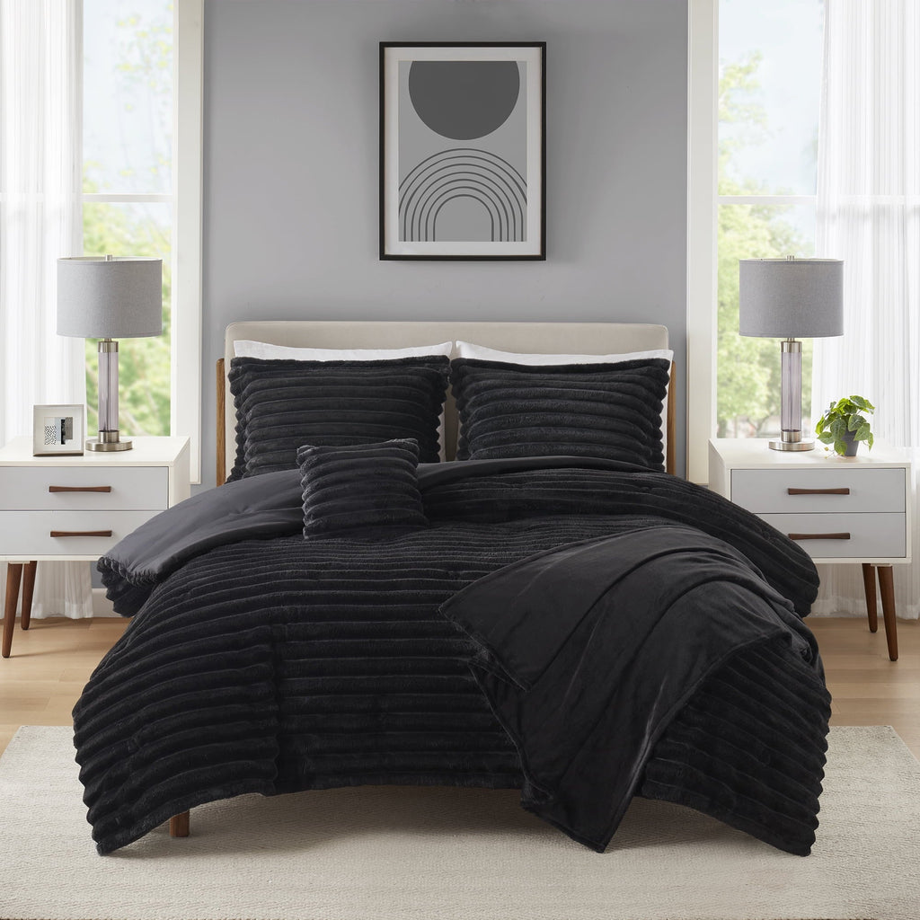 Luxurious Quilted Full/Queen Comforter Set, All-Season, 5-Piece, Black Cozy Plush - Luxurious Quilted Duvet Cover Set - Default Title