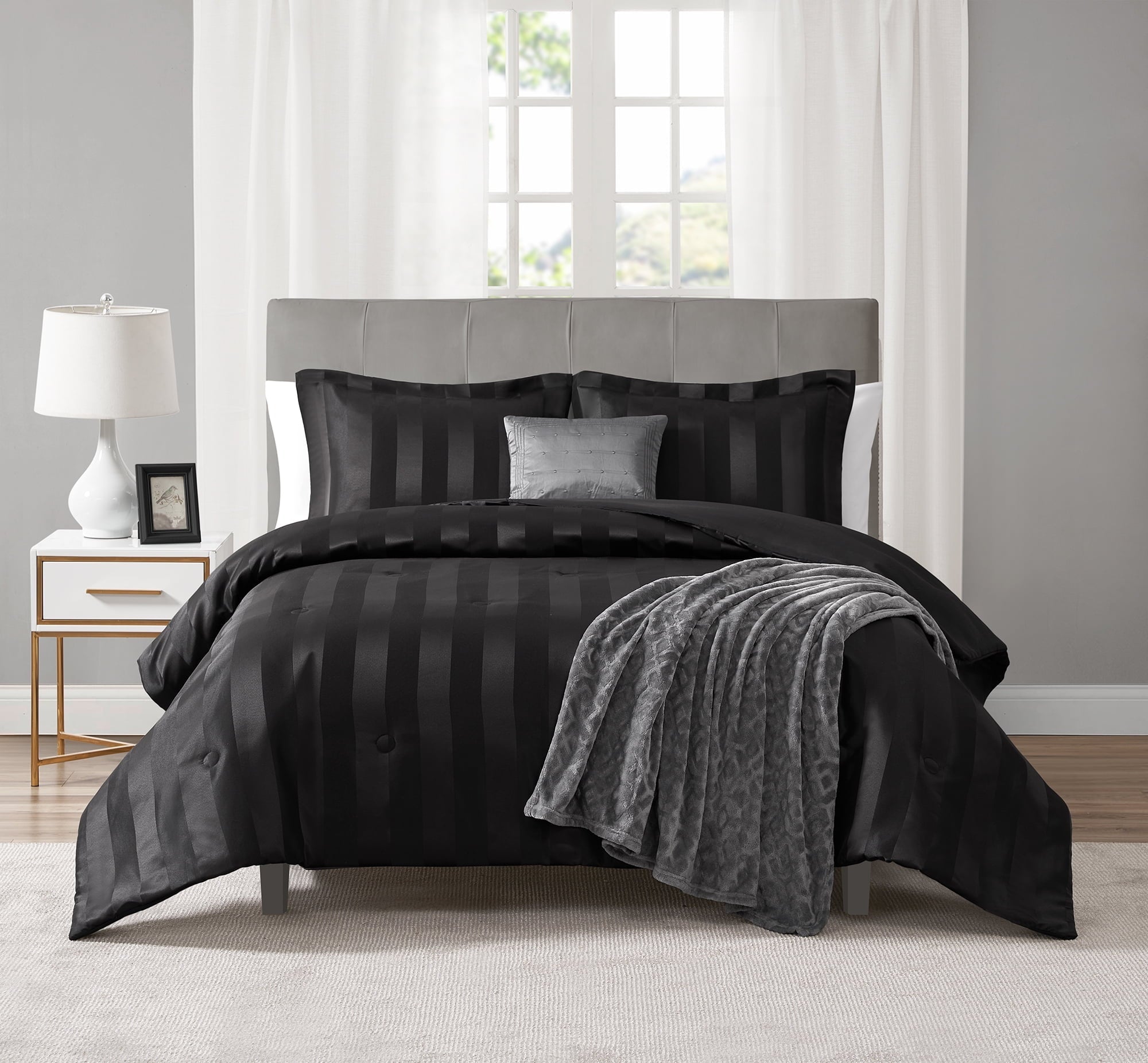 All-Season Rich Black 5 Piece Damask Stripe Comforter Set, King, Adult, Unisex - All-Season Down Alternative Comforter Insert - Default Title
