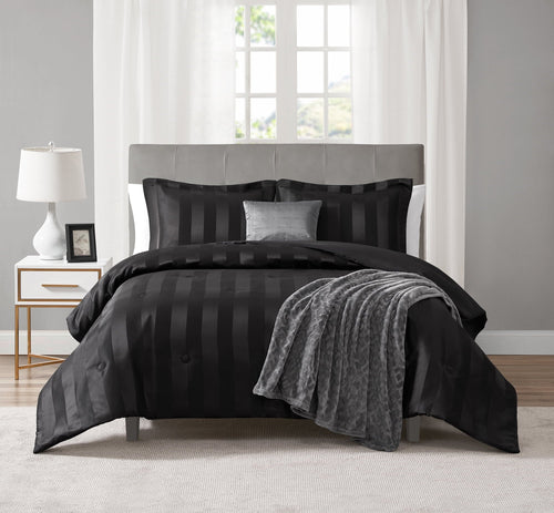 All-Season Rich Black 5 Piece Damask Stripe Comforter Set, King, Adult, Unisex - All-Season Down Alternative Comforter Insert - Default Title