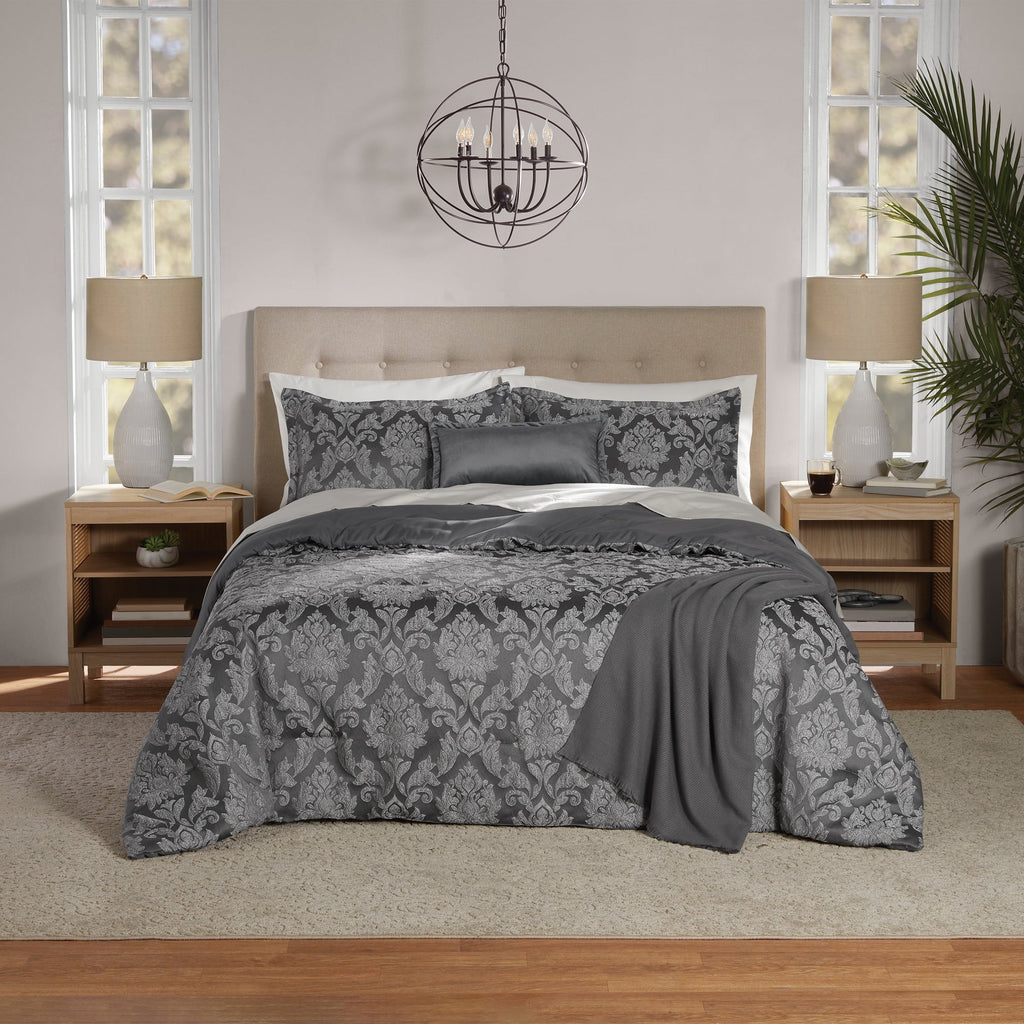 Heavyweight Warmth Full/Queen Comforter Set, All-Season, 5-Piece, Grey Jacquard Damask - All-Season Down Alternative Comforter Insert - Default Title