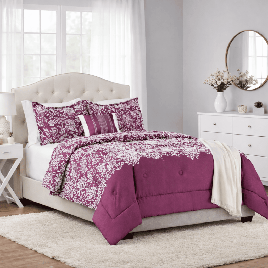 Hypoallergenic Cloud 5-Piece Jacquard Comforter Set with Decor Pillow and Throw Purple Flocking Embroidery Bedding Set, Full/Queen - Luxurious Quilted Duvet Cover Set - Default Title