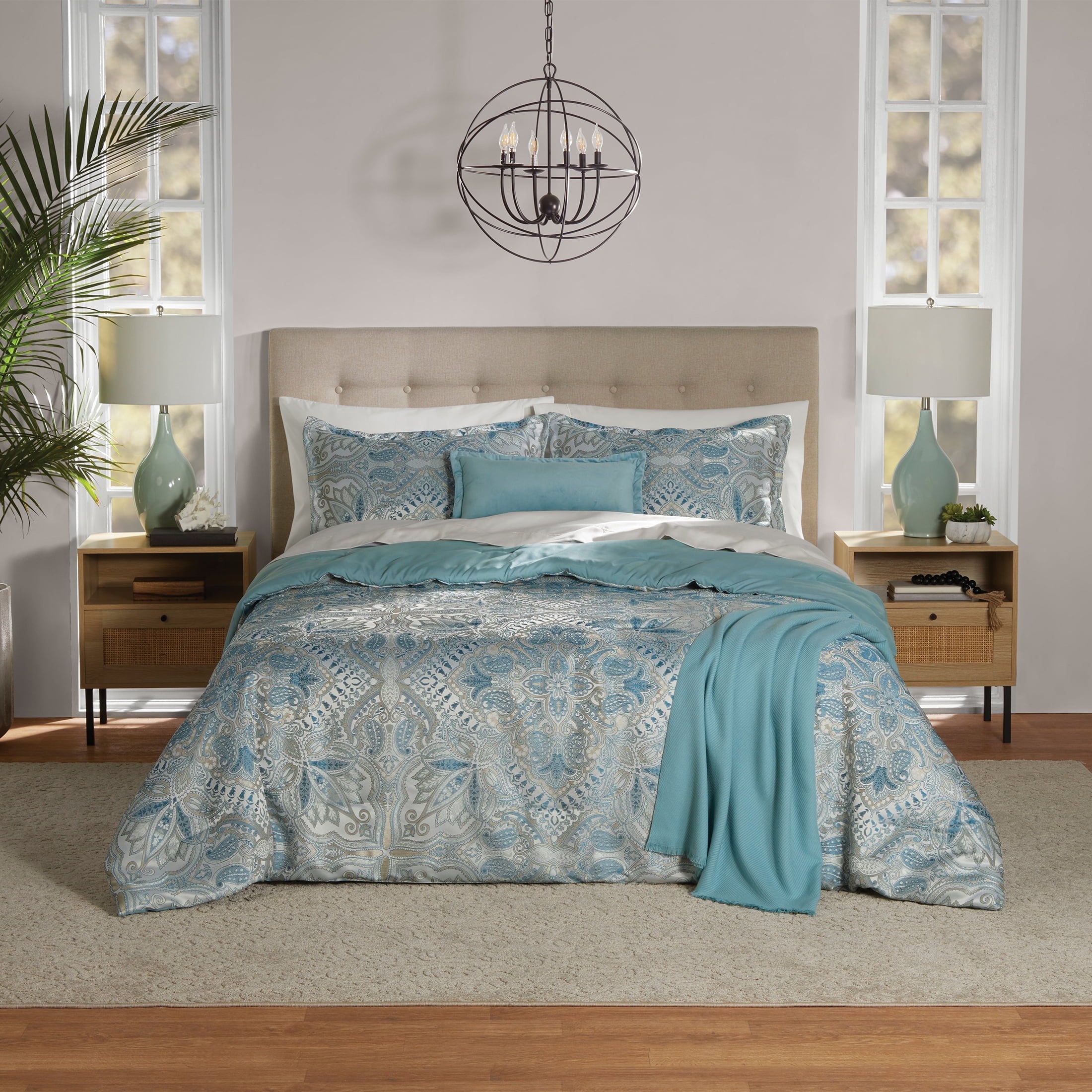 Heavyweight Warmth Full/Queen Comforter Set, All-Season, 5-Piece, Teal Jacquard Medallion - Luxurious Quilted Duvet Cover Set - Default Title