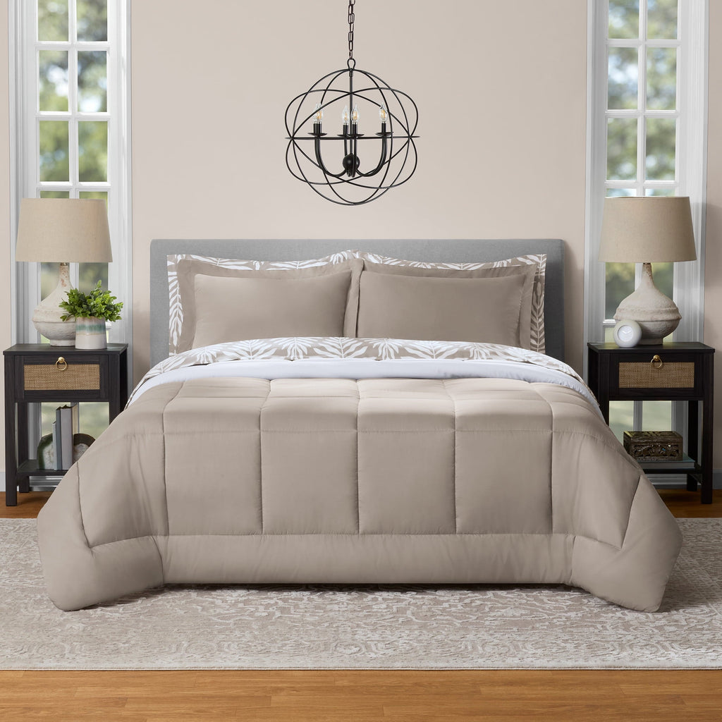 Fluffy Down Alternative All in One Reversible Comforter and Sheet Set- 7 Piece, Queen, Beige Palm - Luxurious Quilted Duvet Cover Set - Default Title