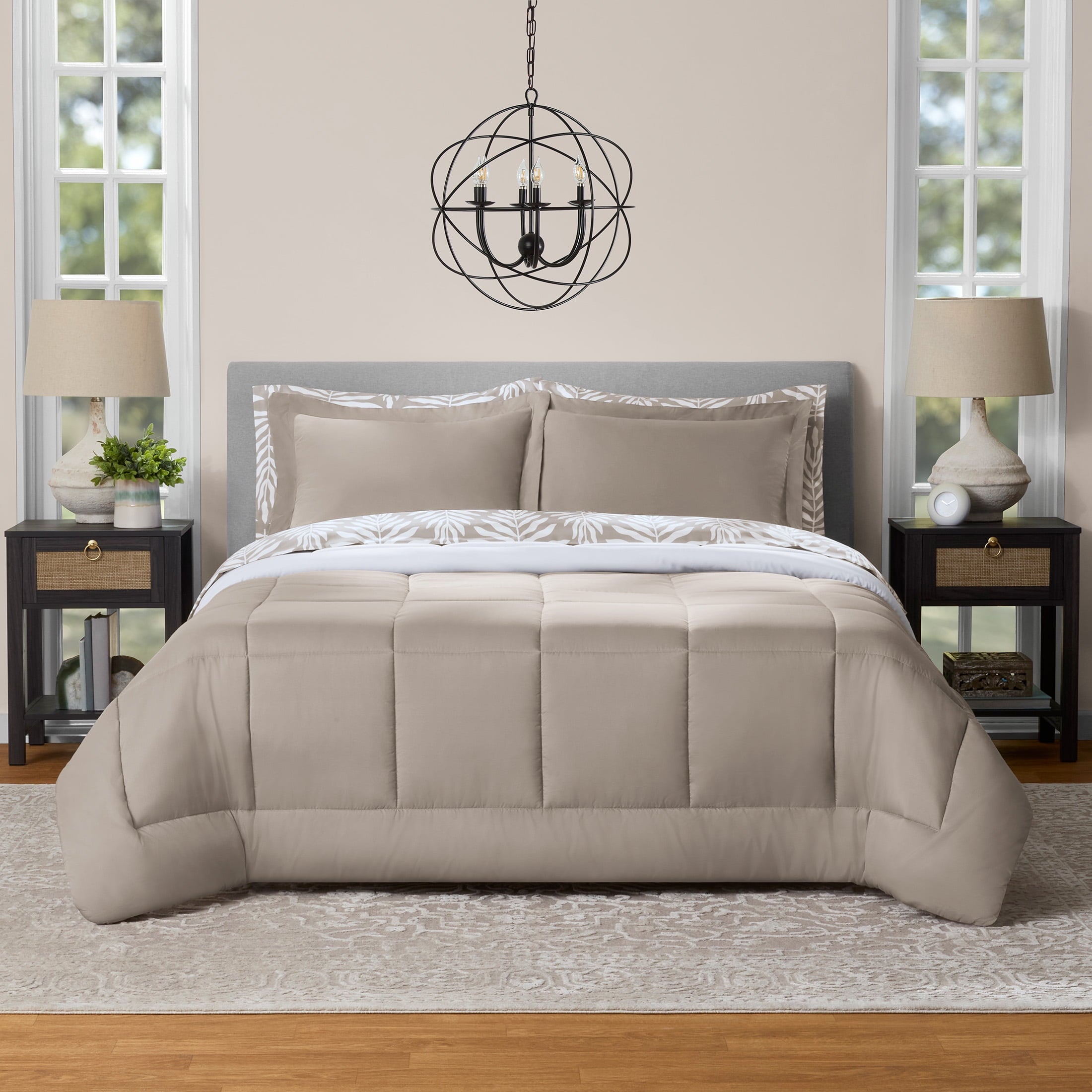 Fluffy Down Alternative All in One Reversible Comforter and Sheet Set- 7 Piece, Queen, Beige Palm - Luxurious Quilted Duvet Cover Set - Default Title