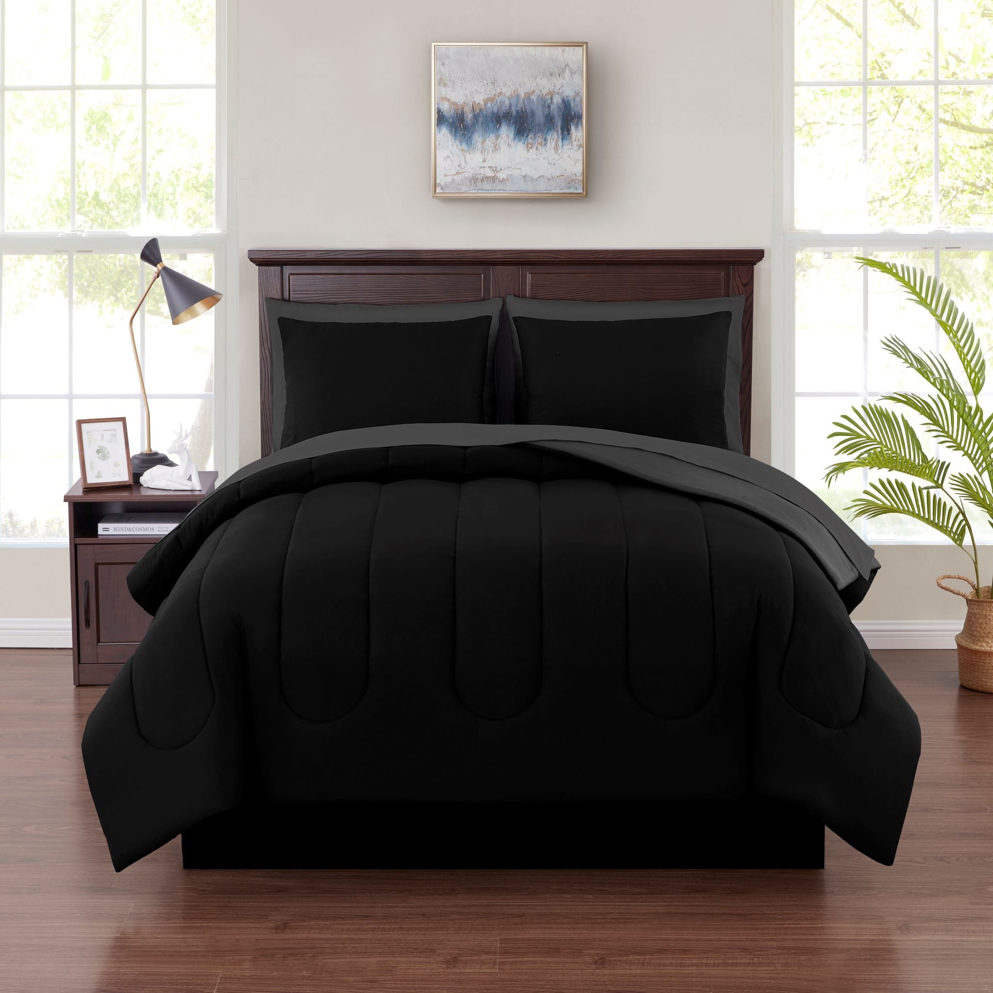Fluffy Down Alternative 7 Piece Reversible Bed in a Bag Comforter Set with Sheets, Black, King - Luxurious Quilted Duvet Cover Set - Default Title