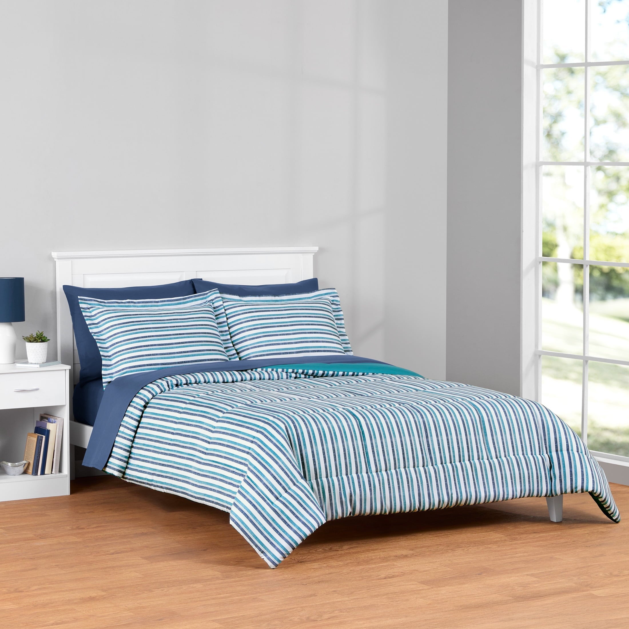 All-Season All in One Reversible Comforter and Sheet Set- 7 Piece, Queen, Blue Pinstripe - Cloud-Like Soft Lightweight Bed Comforter - Default Title