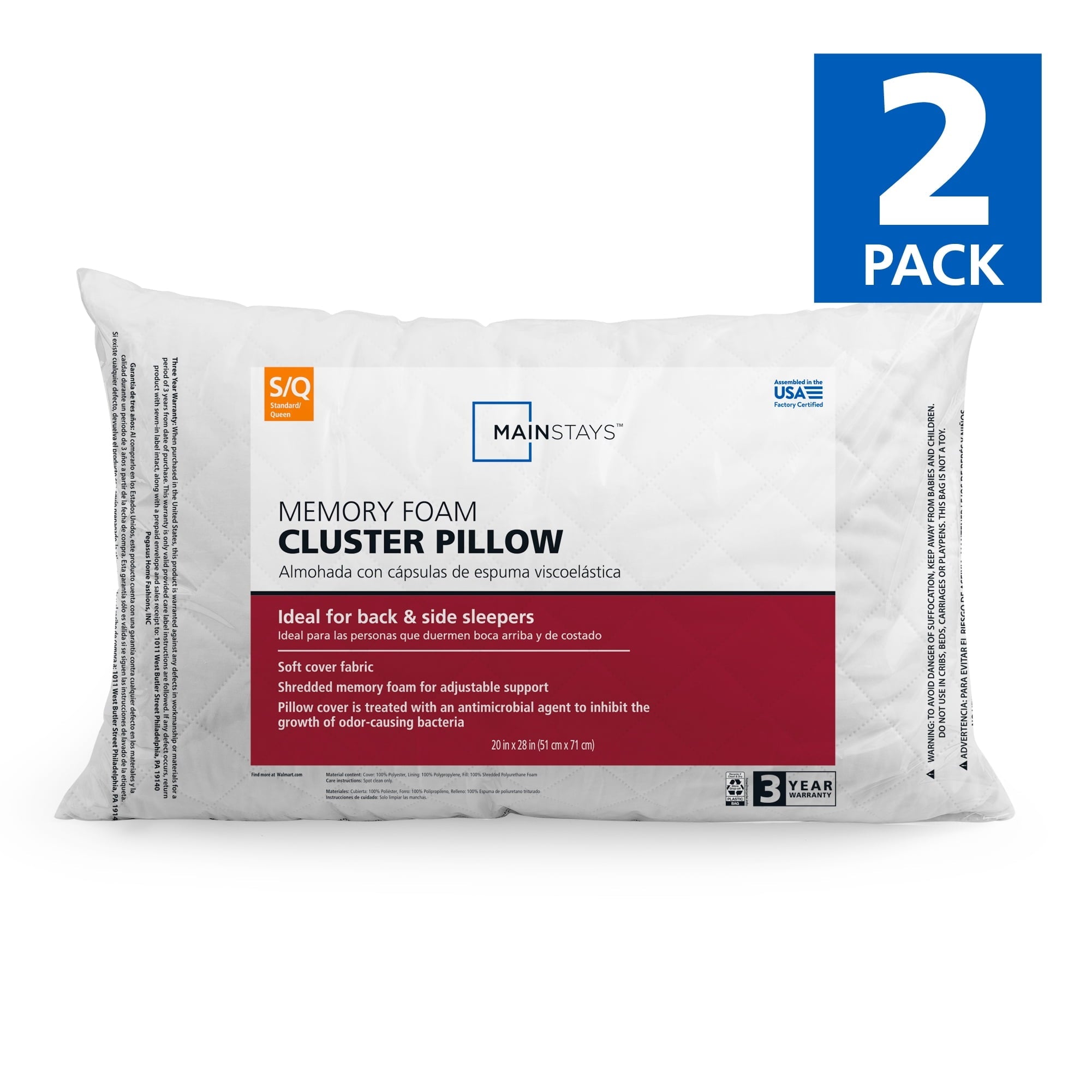 Ergonomic Memory Foam Memory Foam Cluster Bed Pillow, Standard Queen, 2 Pack - Decorative Throw Pillow Cushion for Sofa & Bed - Default Title