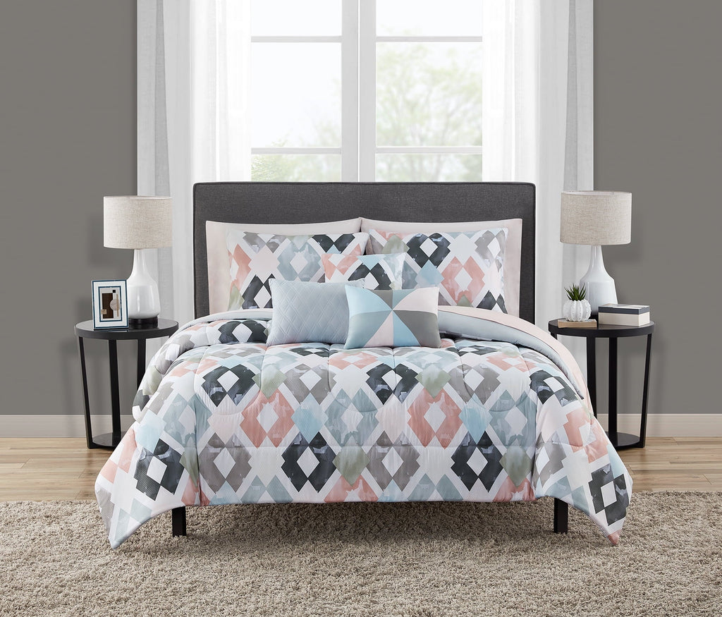 Fluffy Down Alternative Reversible Marble Diamond 8-Piece Bed in a Bag Bedding Set, Twin/Twin XL - Luxurious Quilted Duvet Cover Set - Default Title