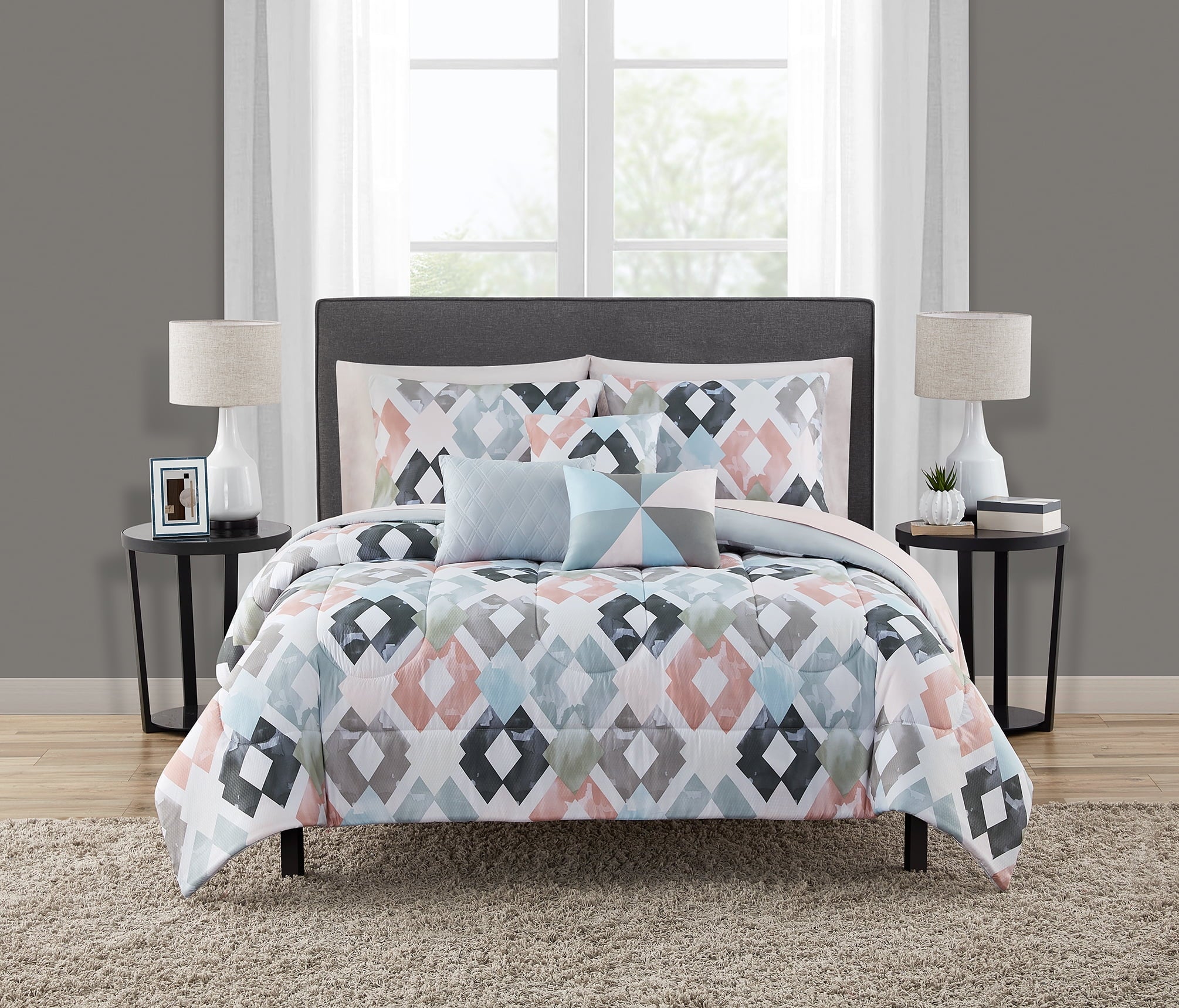 Fluffy Down Alternative Reversible Marble Diamond 8-Piece Bed in a Bag Bedding Set, Twin/Twin XL - Luxurious Quilted Duvet Cover Set - Default Title